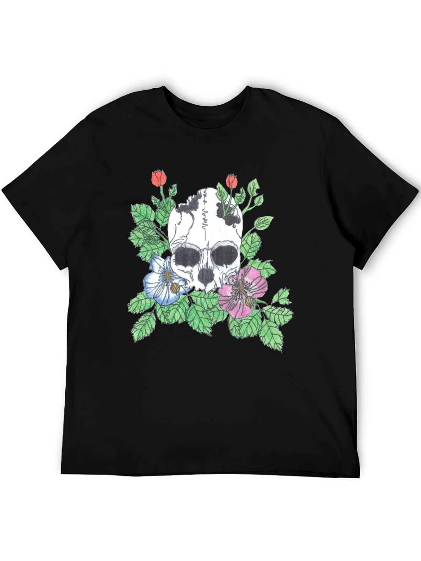 Black Skull Floral Graphic Tee - Stylish Black T-Shirt view 5