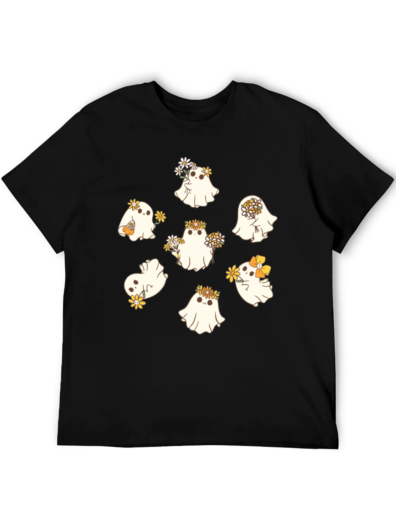 Black Cute Ghost with Flowers Black T-Shirt view 5