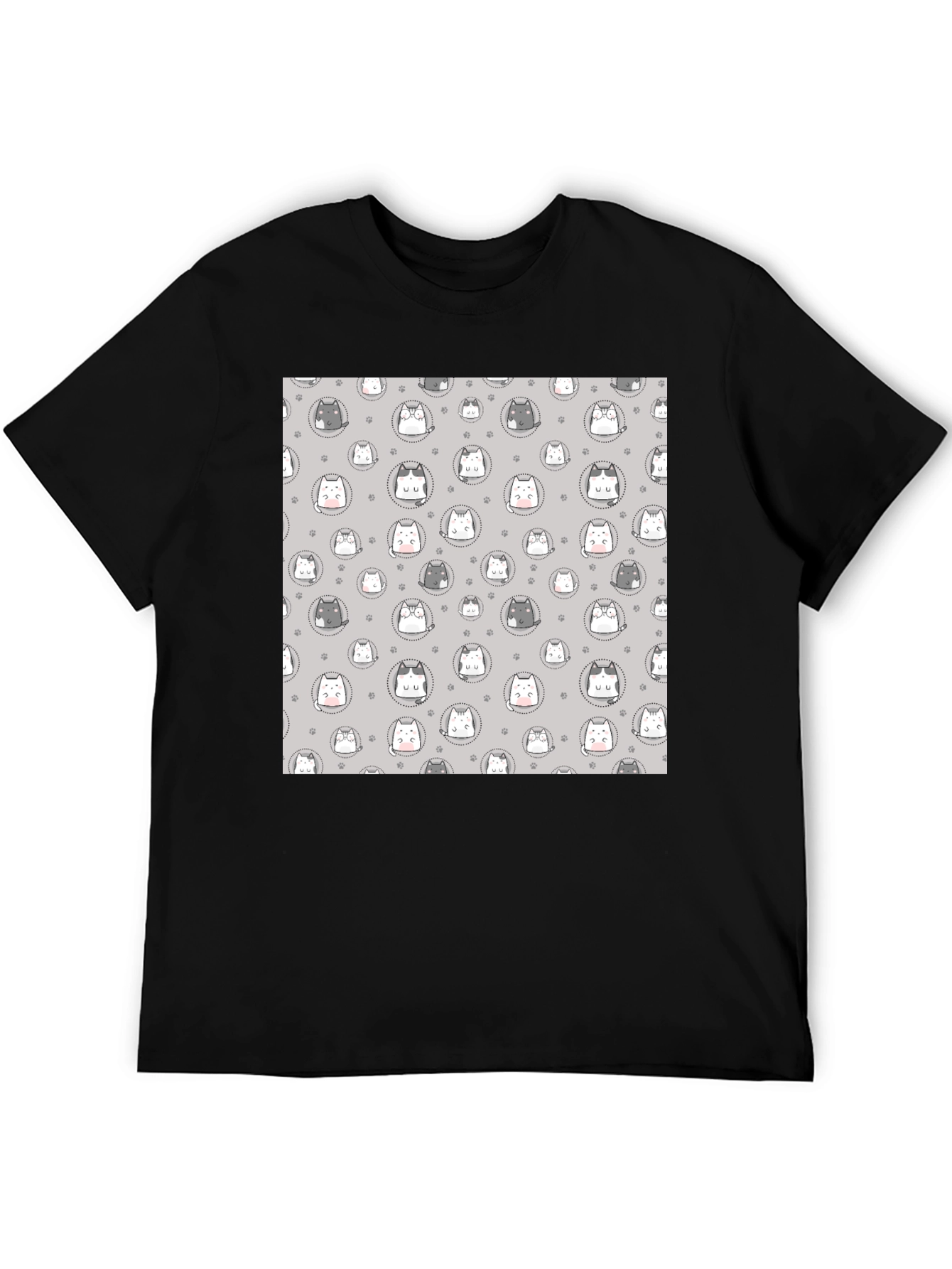 Black Cute Cartoon Cat Print T-Shirt - Black view 5