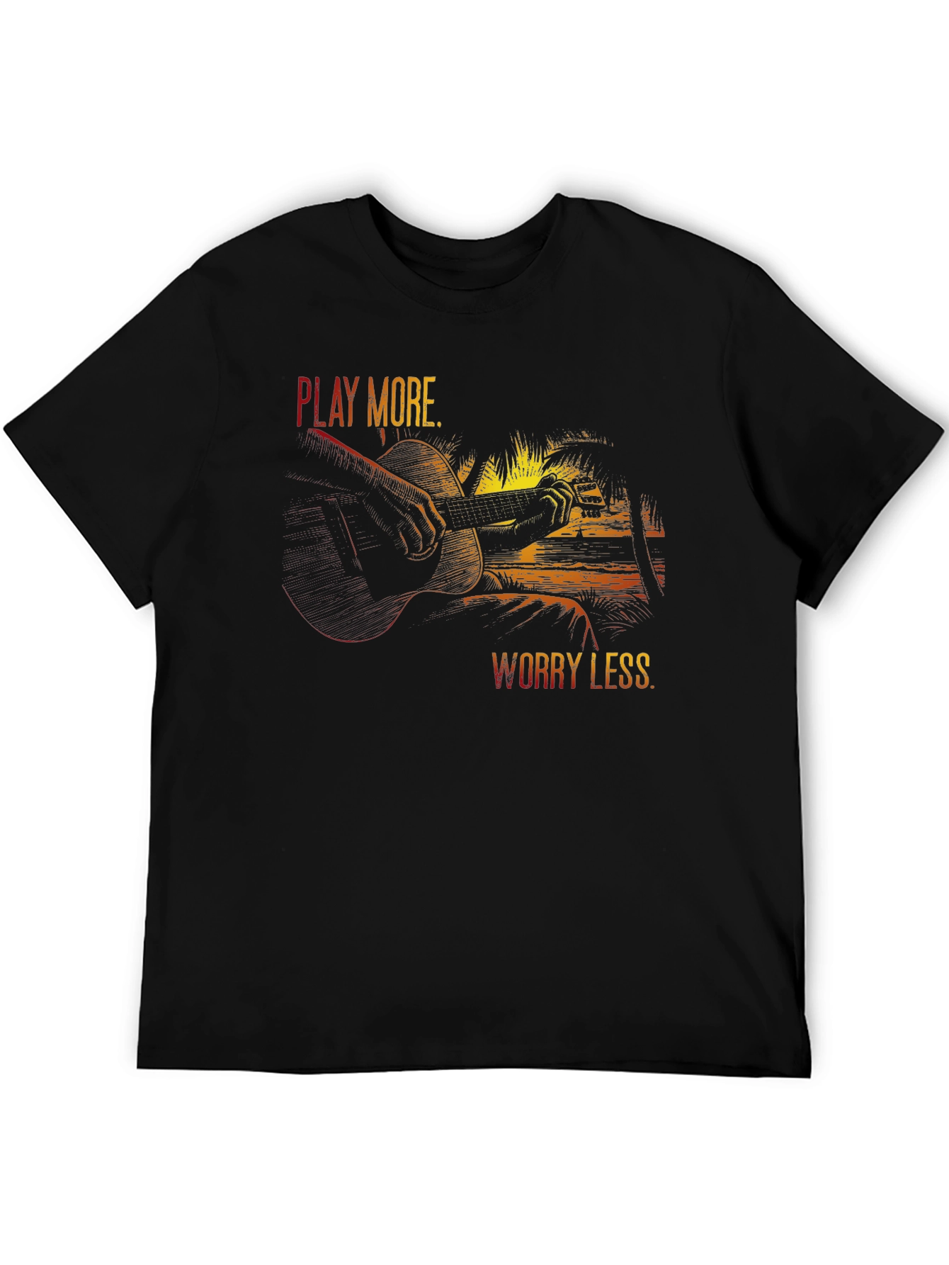 Black Play More Worry Less T-Shirt - Guitar & Beach Design view 5