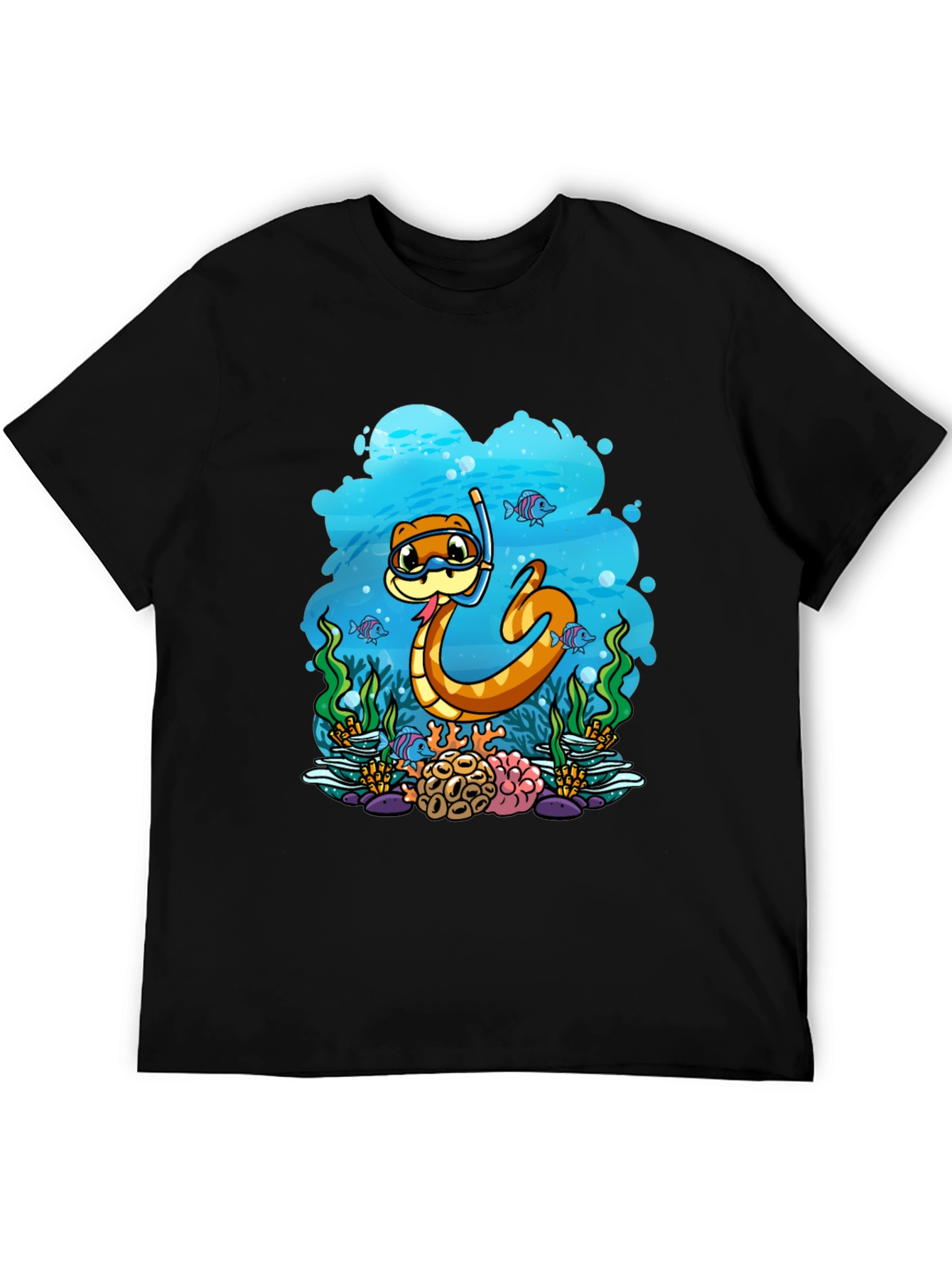 Black Cartoon Snorkeling Snake Graphic Tee view 5