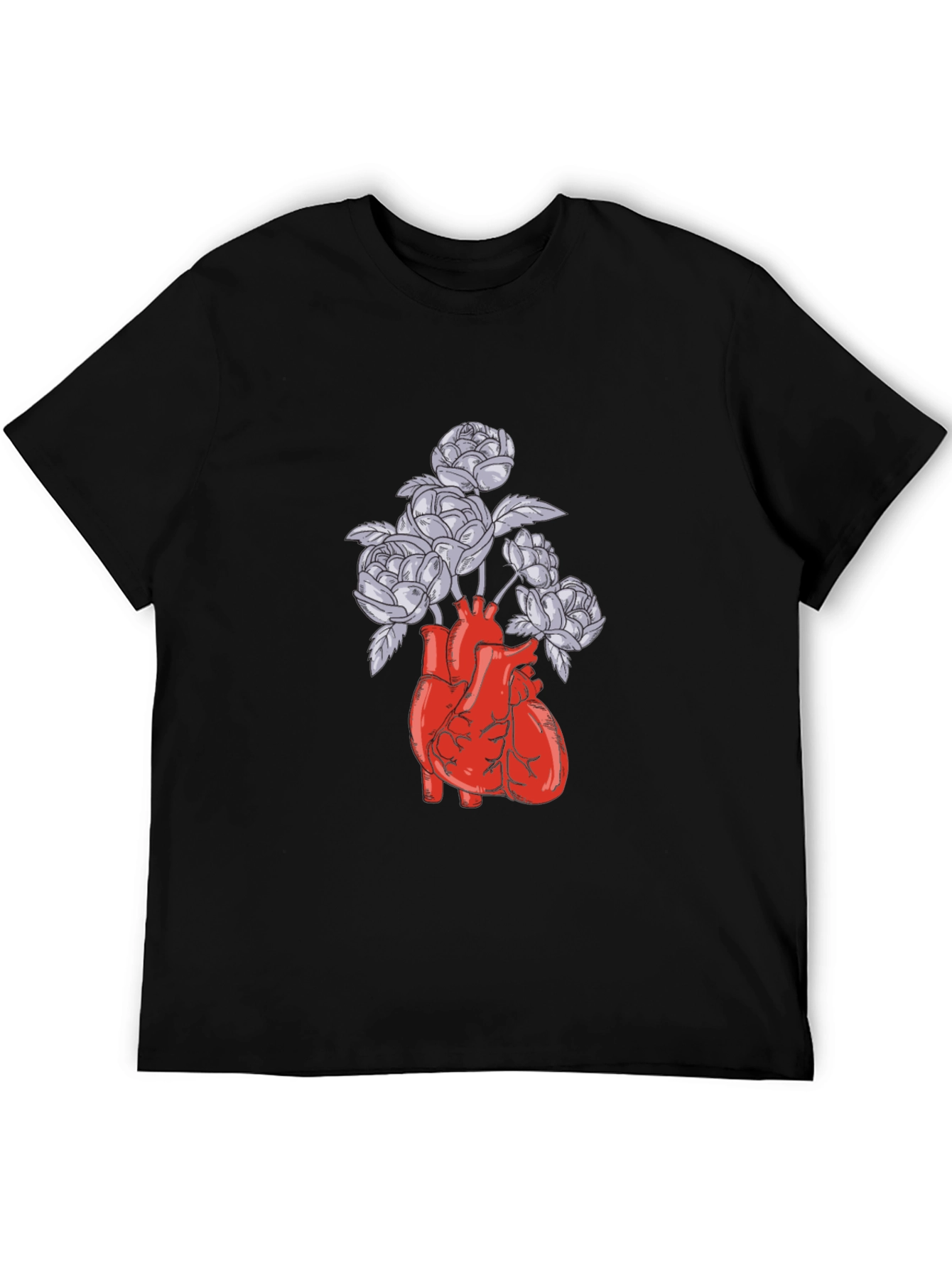 Black Anatomical Heart and Flowers Graphic T-Shirt view 5
