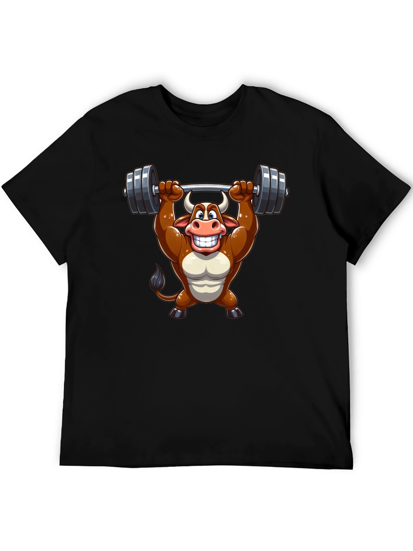 Black Funny Bull Lifting Weights T-Shirt view 5