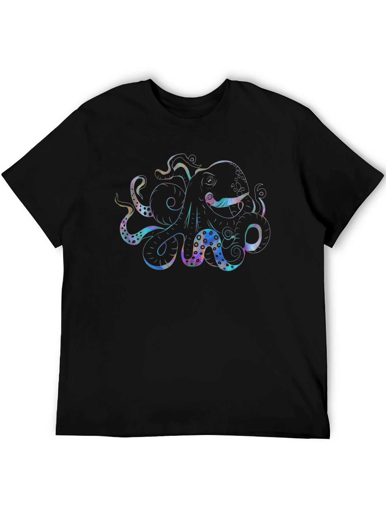 Black Men's Black T-Shirt with Holographic Octopus Graphic view 5