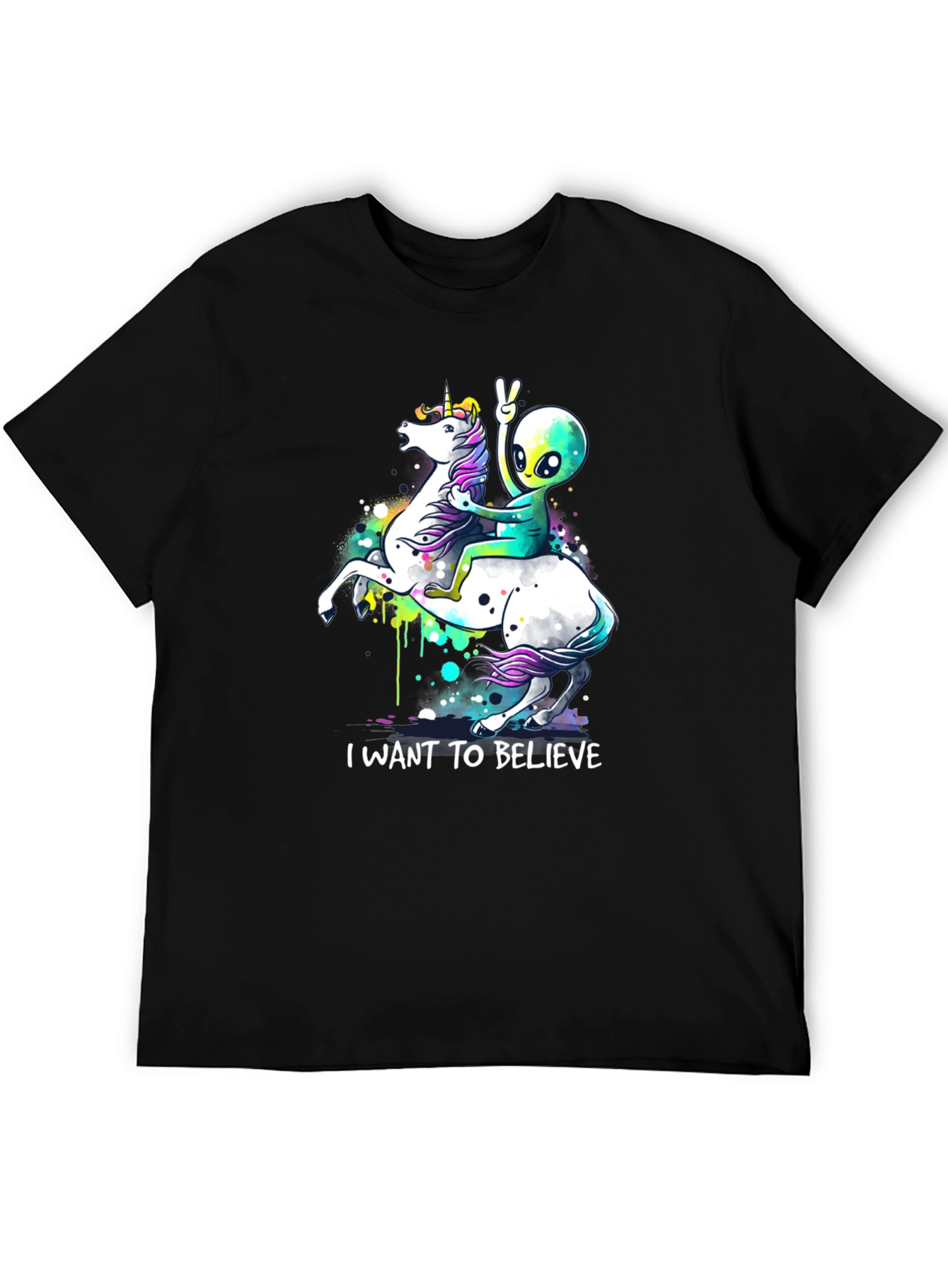 Black Alien Riding Unicorn T-Shirt - I Want To Believe view 5