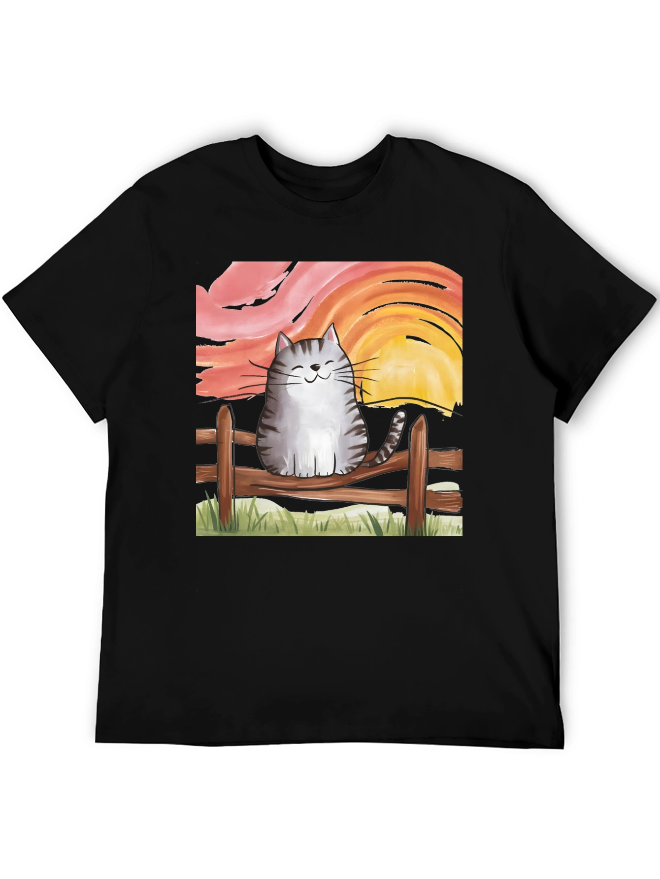 Black Cat on Fence Sunset Graphic Tee view 5