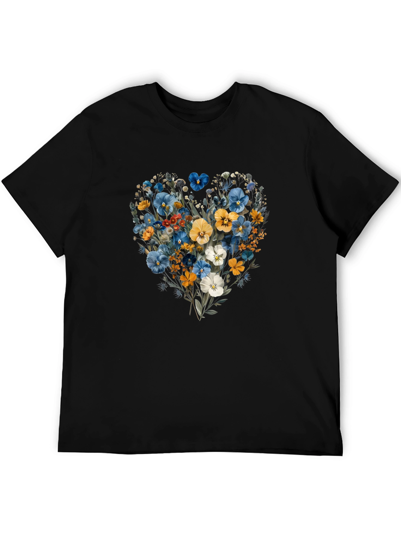 Black Floral Heart Graphic Tee - Black Crew Neck T-Shirt view 5