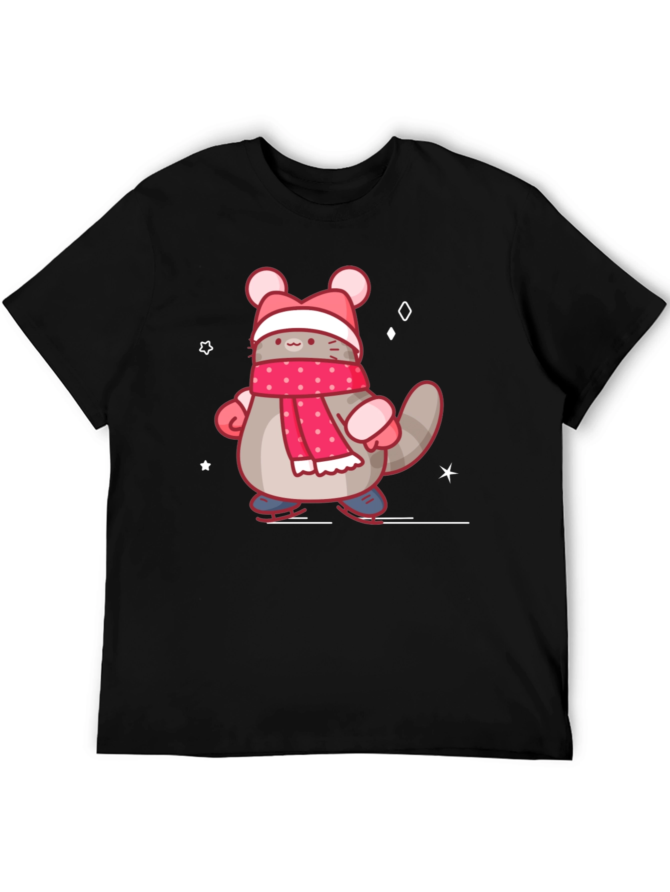 Black Cute Cartoon Cat in Winter Gear T-Shirt view 5