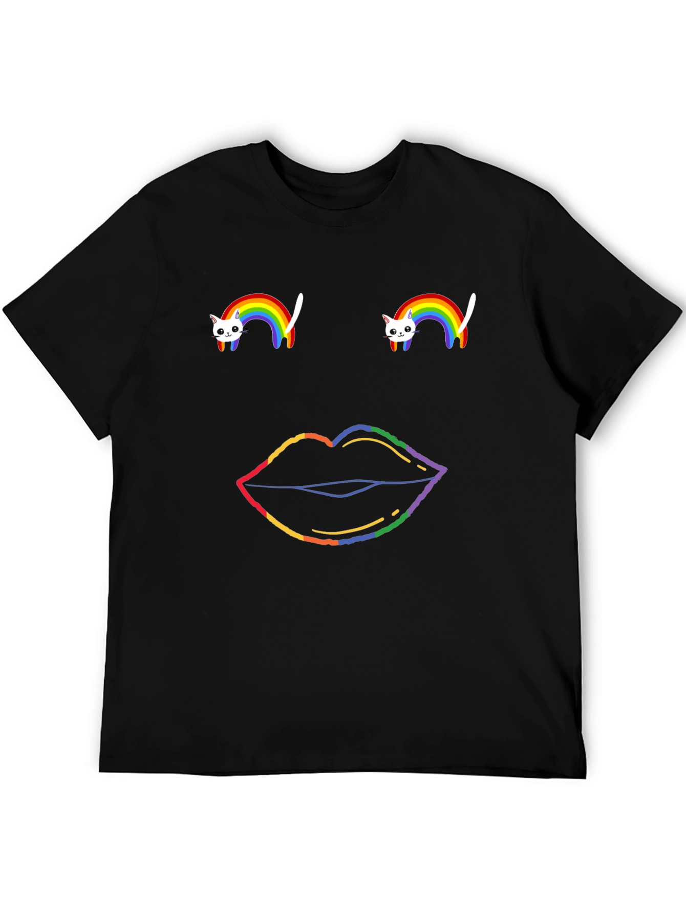Black Rainbow Cat & Lips Graphic Tee - Black Cotton T-Shirt view 5