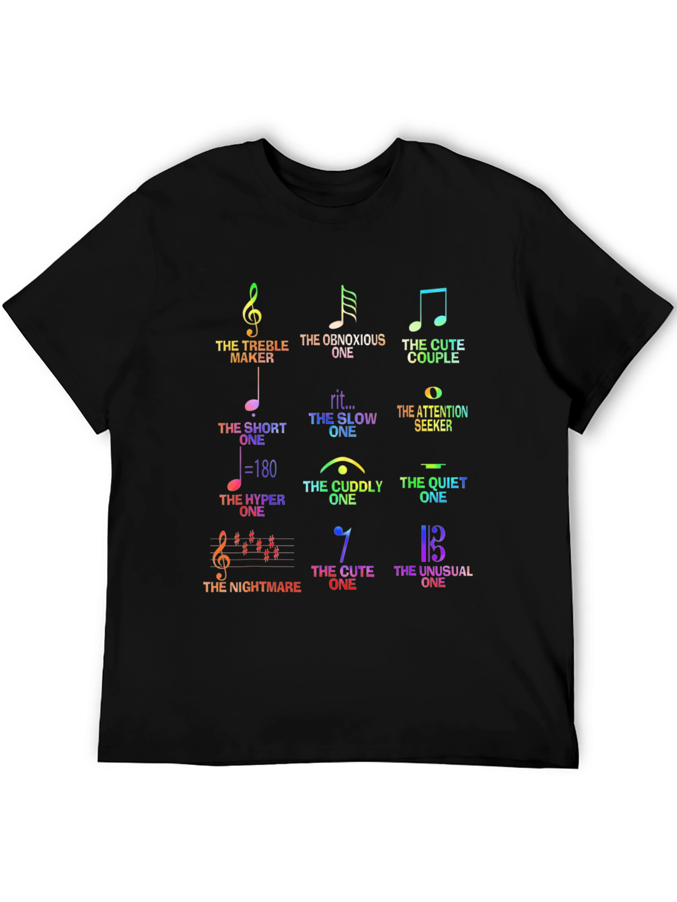 Black Musical Humor Graphic Tee - 'The Music Note Personalities' Shirt view 5