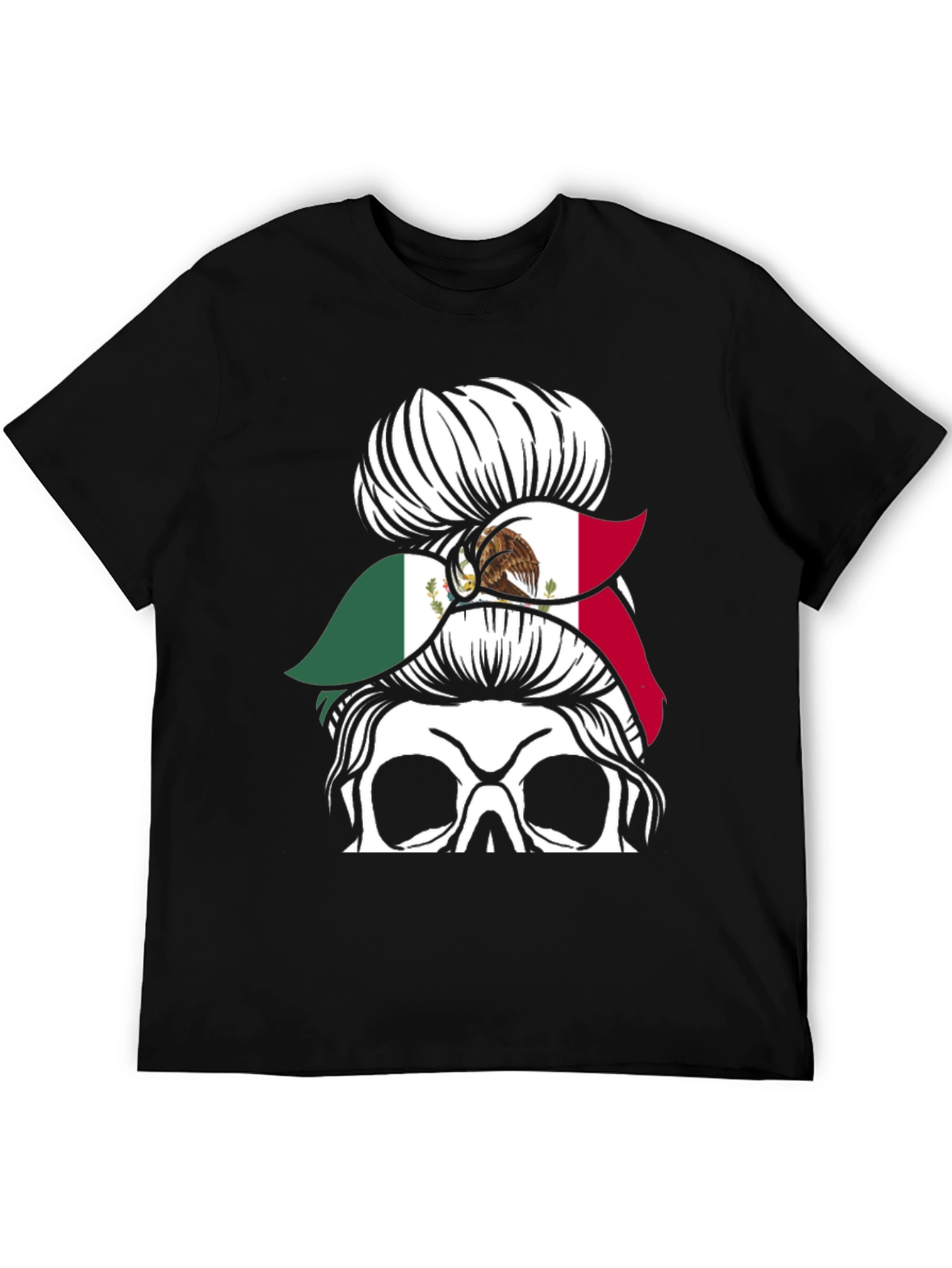 Mexican Flag Skull Messy Bun T-Shirt - 5