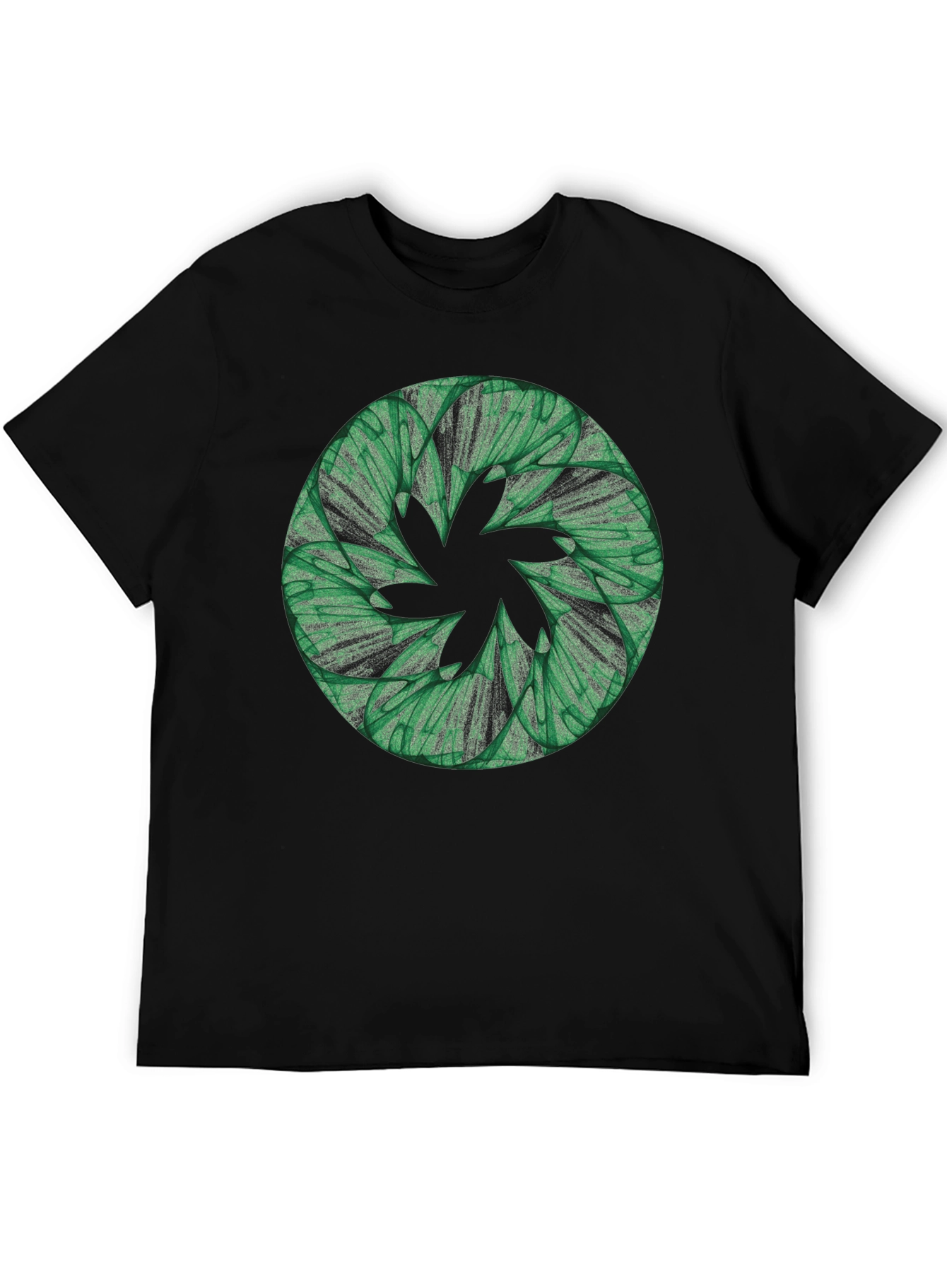 Black Abstract Green Floral Pattern Black T-Shirt view 5