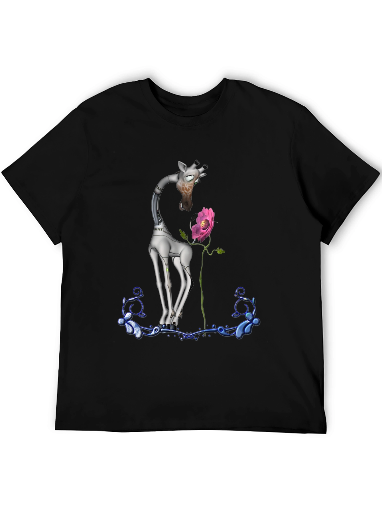 Black Robotic Giraffe & Flower Graphic Tee - Quirky Black T-Shirt view 5