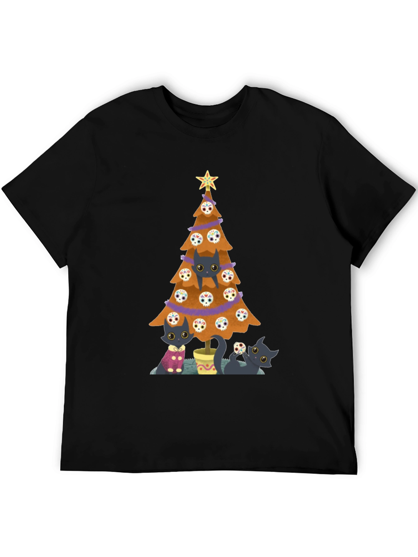 Black Cat Christmas Tree Black T-Shirt view 5