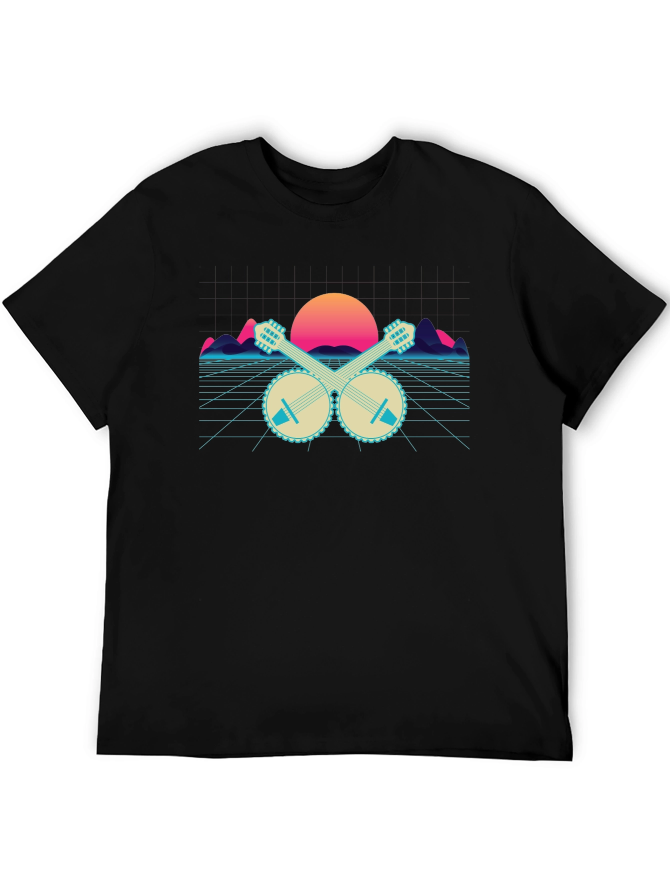 Black Retro Banjo Sunset T-Shirt - Musical Synthwave Tee view 5