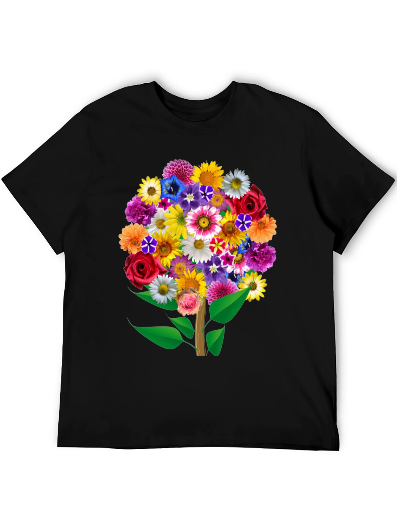 Black Floral Bouquet Tree Graphic Tee - Black Cotton T-Shirt view 5