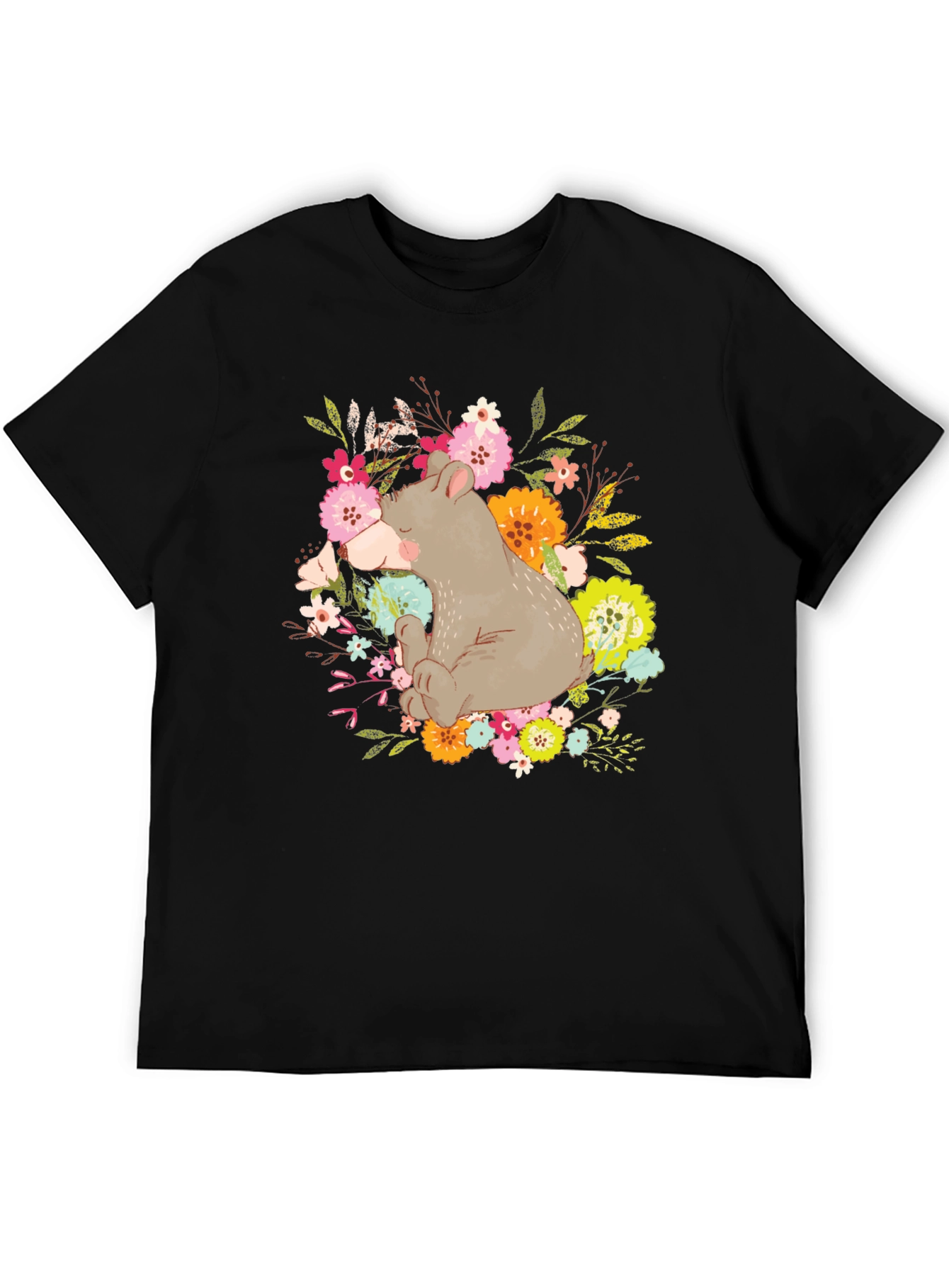 Black Cute Bear Floral T-Shirt - Unisex Graphic Tee view 5