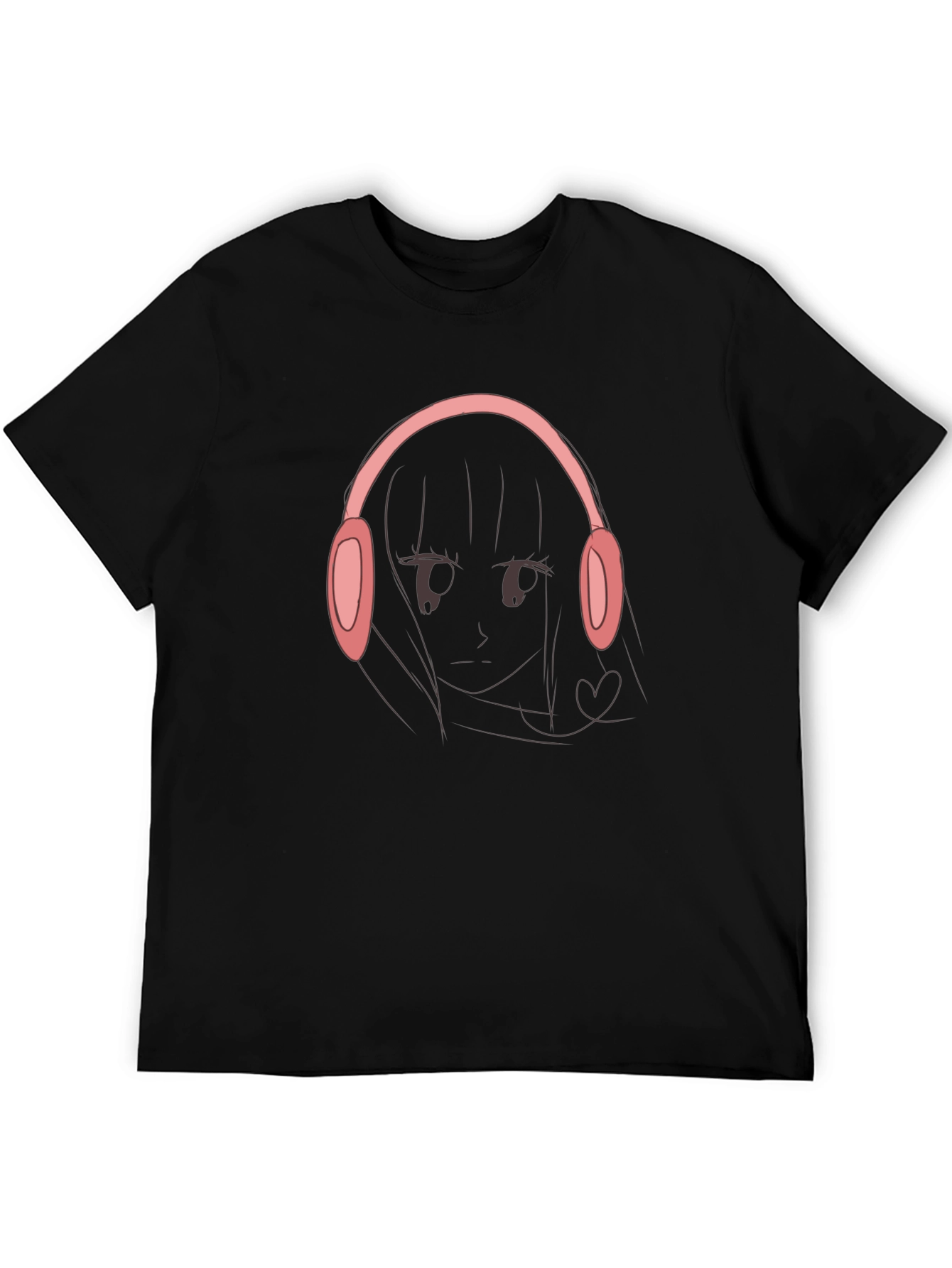 Black Anime Girl Headphones Graphic Black T-Shirt view 5