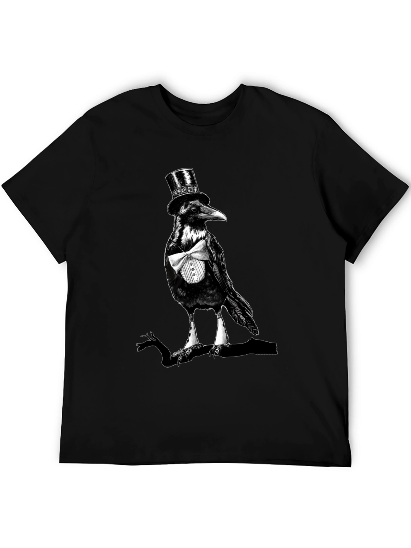 Black Raven Top Hat Bowtie T-Shirt, Mens Black Tee view 5