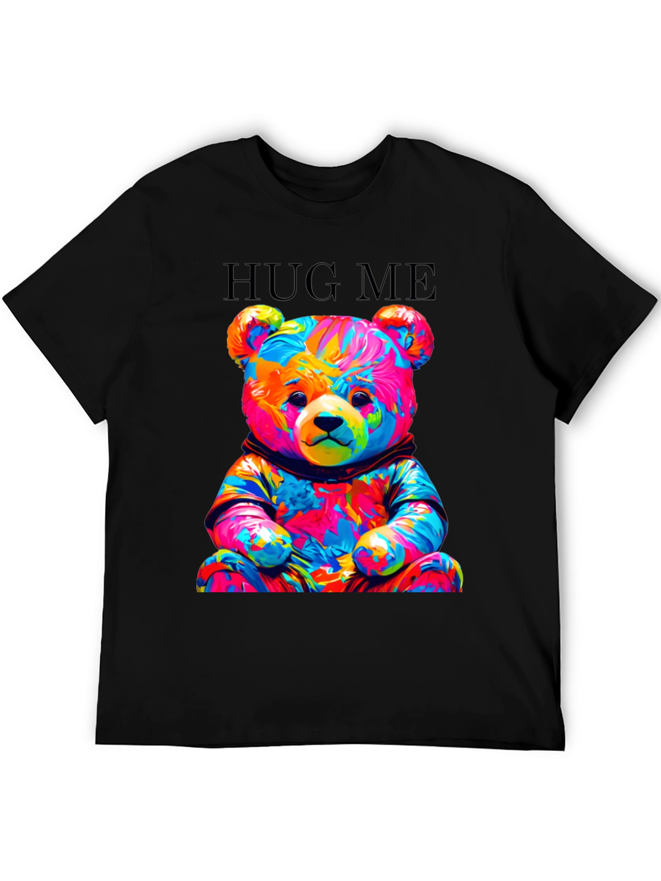 Black Colorful Teddy Bear Hug Me Graphic T-Shirt view 5