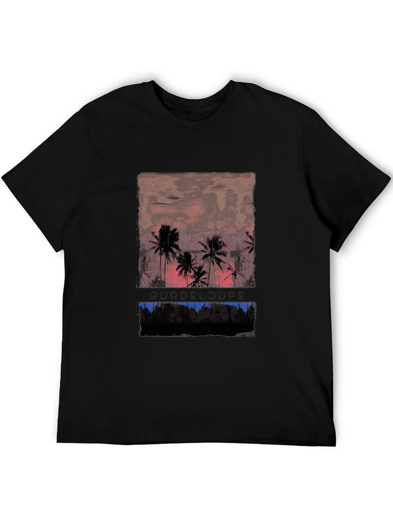 Black Guadeloupe Palm Tree Sunset Men's Graphic T-Shirt view 5