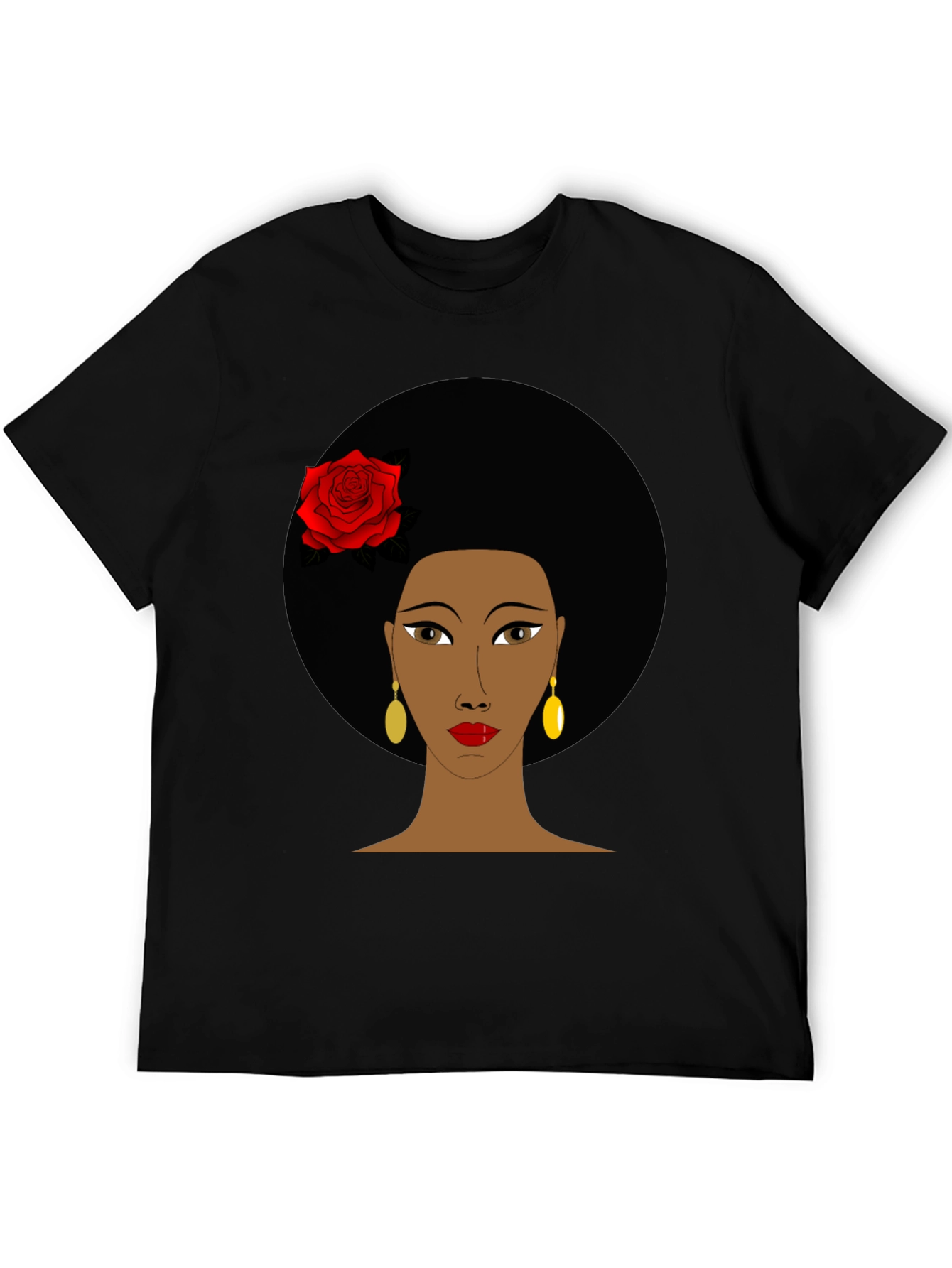 Black Afro Woman Rose Graphic Tee - Stylish Black T-Shirt view 5