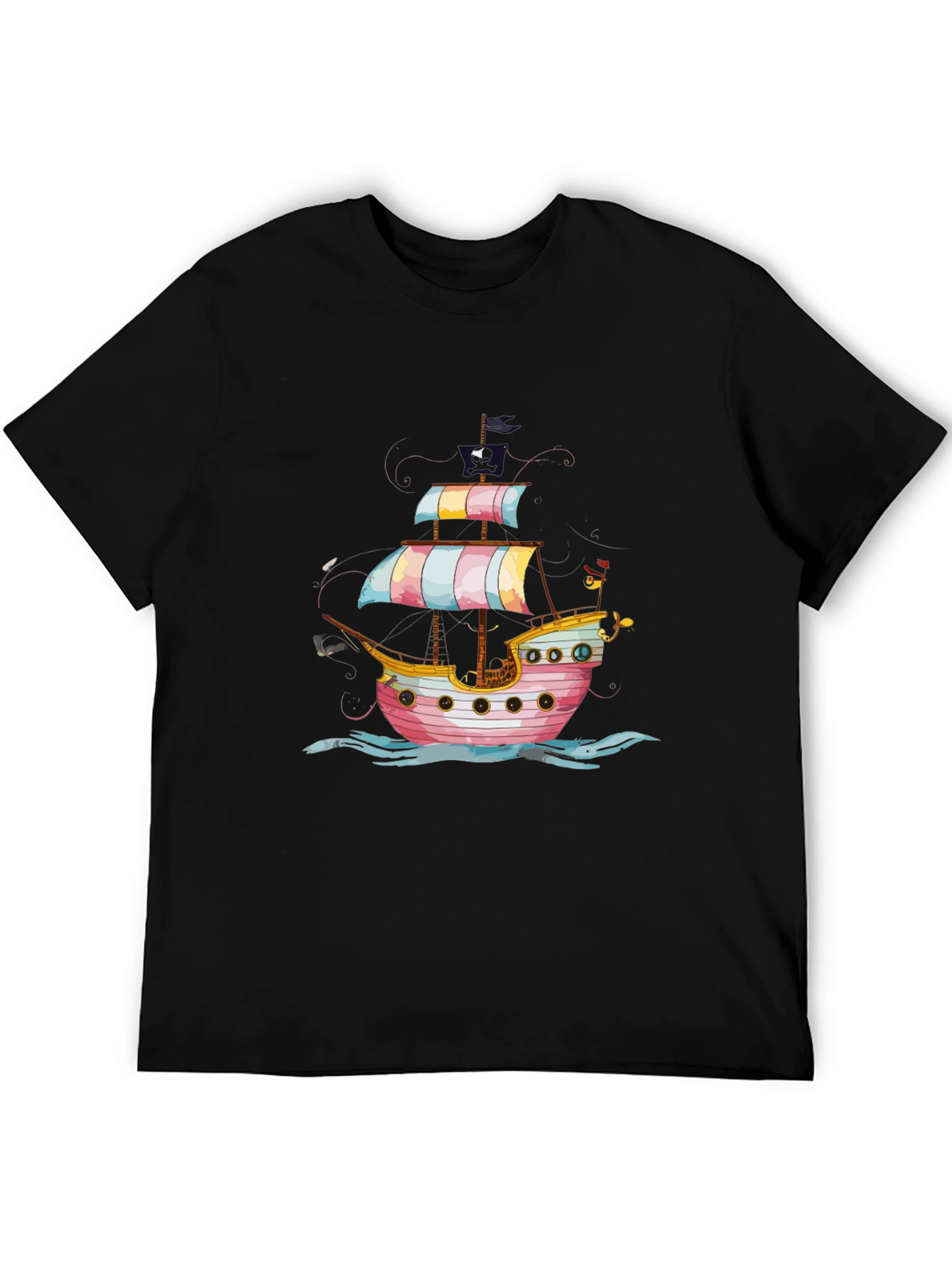 Black Pirate Ship Graphic Tee - Black Cotton T-Shirt view 5