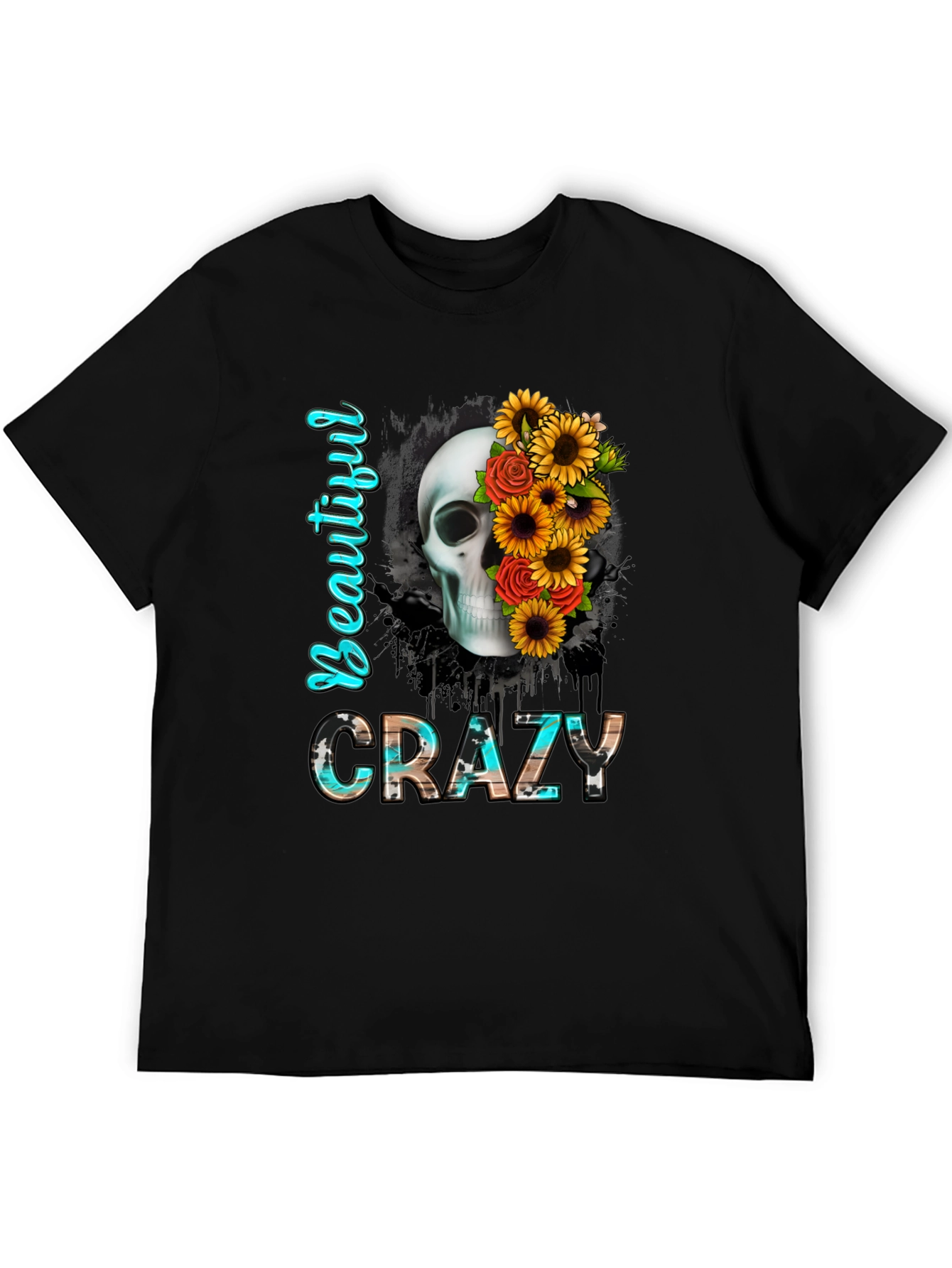 Black Beautiful Crazy Skull & Flowers Graphic Tee view 5