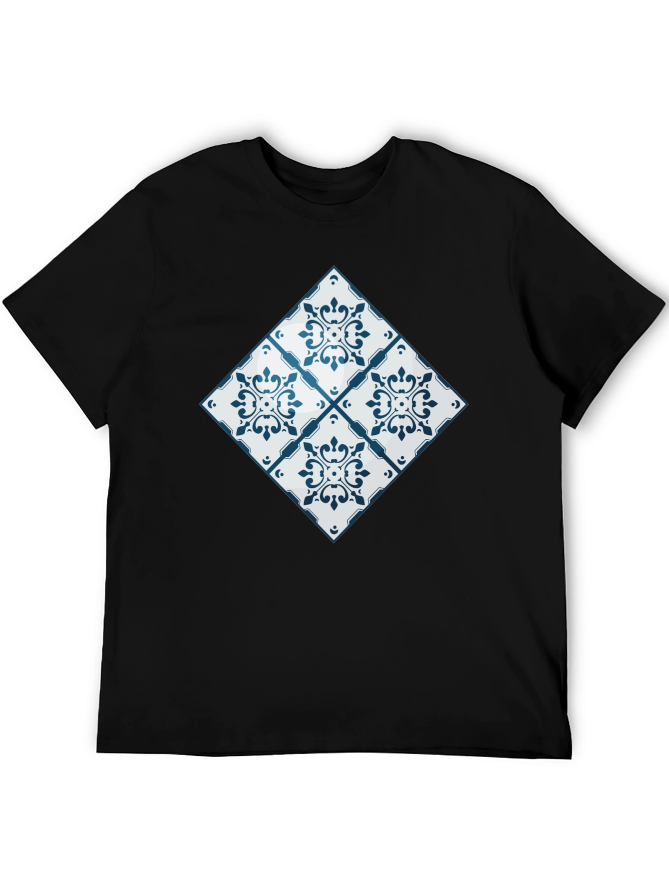 Black Azulejo Tile Pattern Black T-Shirt view 5