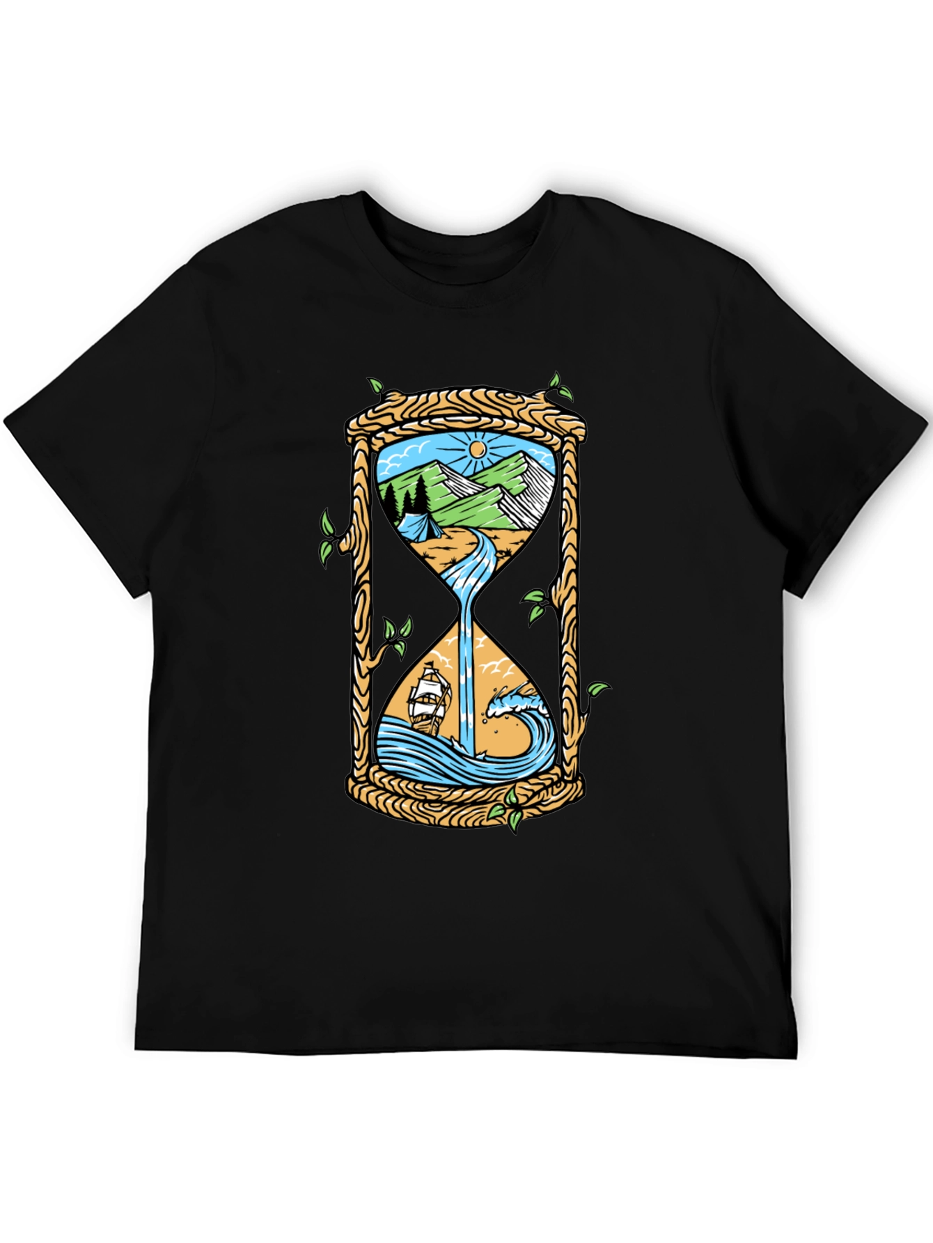 Black Nature Hourglass Graphic Tee - Unique Time Design Shirt view 5