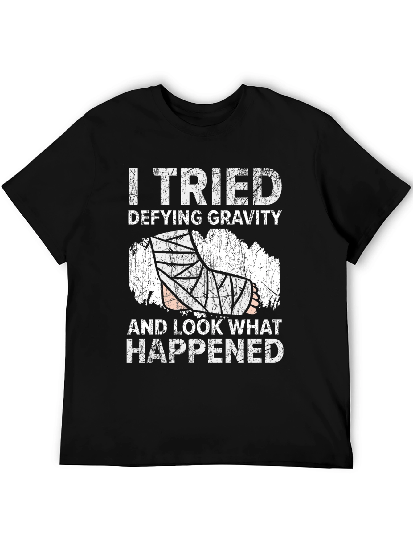 Black Defying Gravity Humor Tee - Broken Leg Joke Shirt view 5