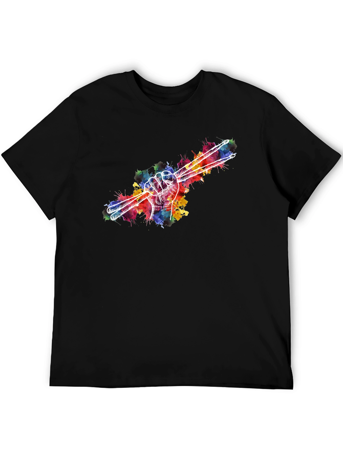 Black Drummer Hand Drumsticks Colorful T-Shirt view 5