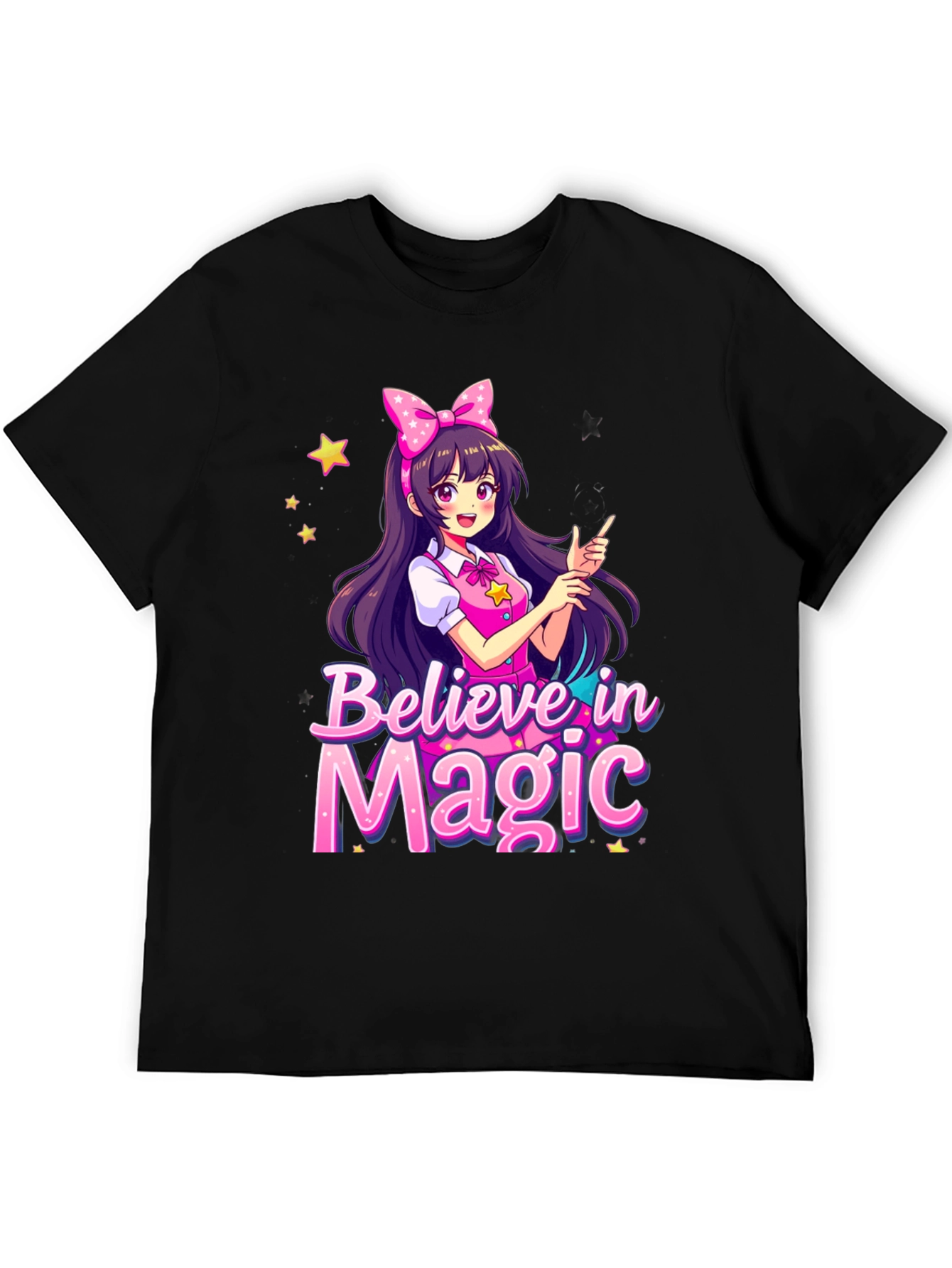 Black Believe in Magic Anime Girl Graphic T-Shirt view 5