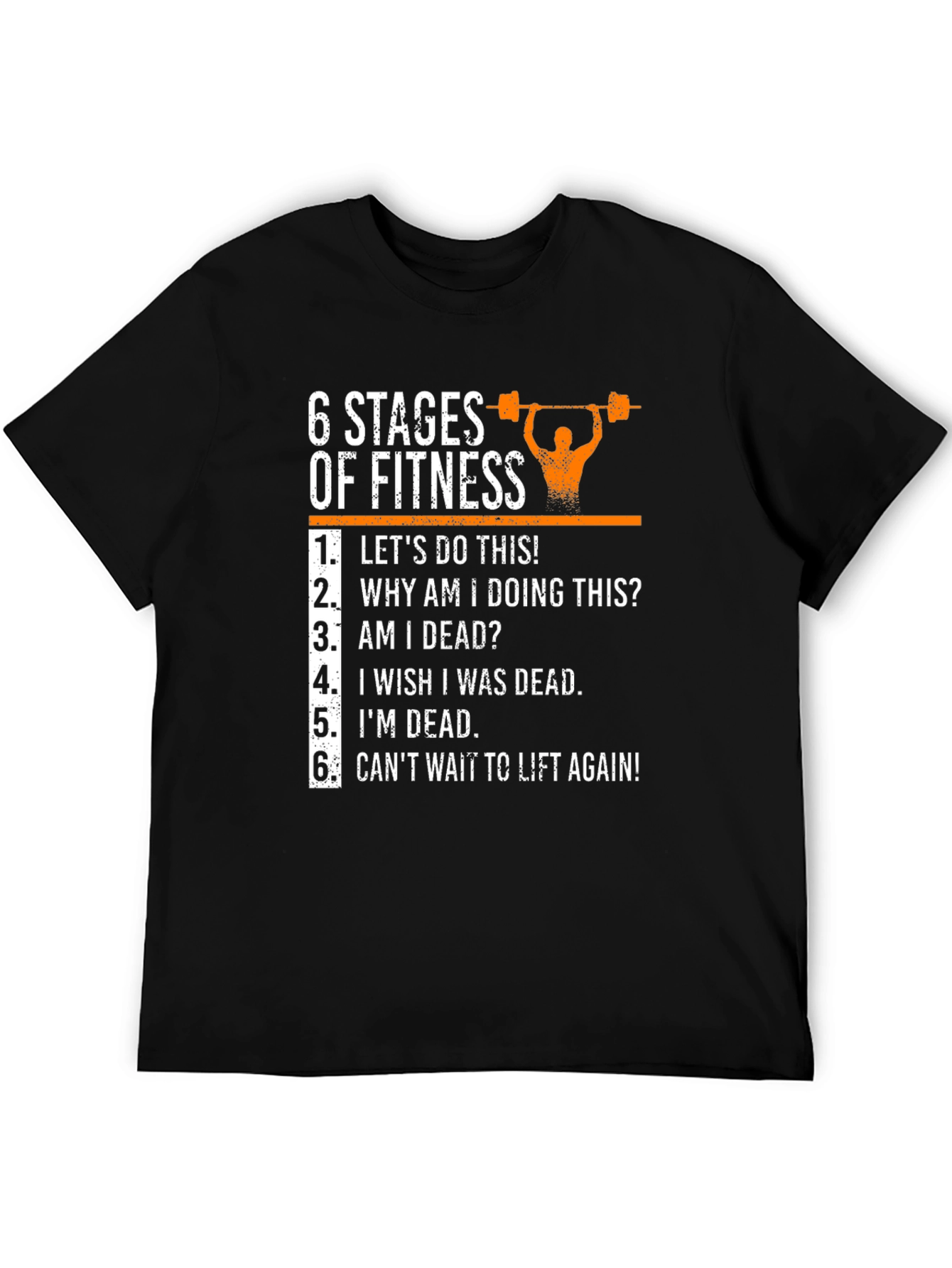 Black 6 Stages of Fitness Graphic T-Shirt - Funny Workout Tee view 5