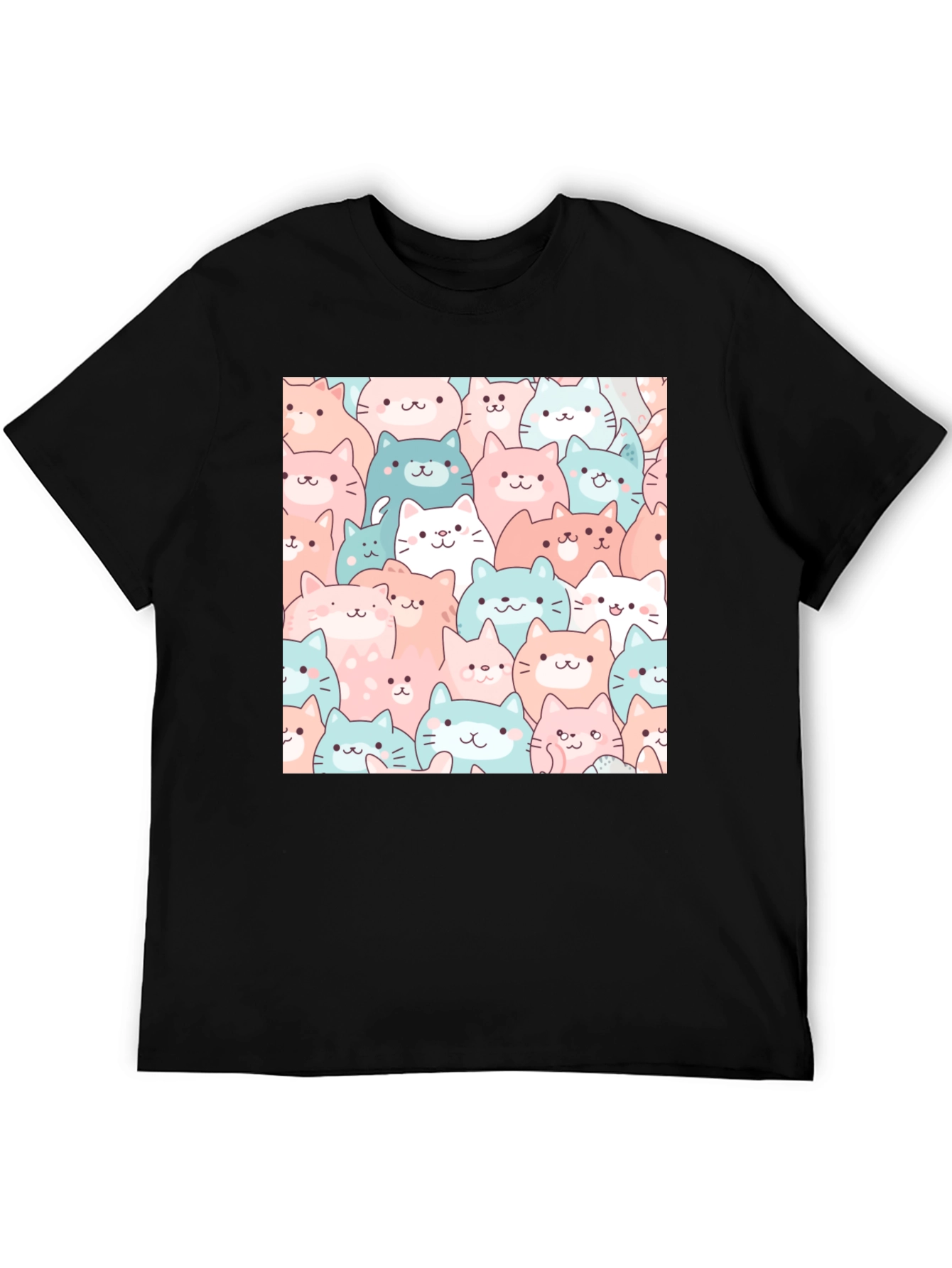 Black Cute Cats Pattern Black T-Shirt view 5