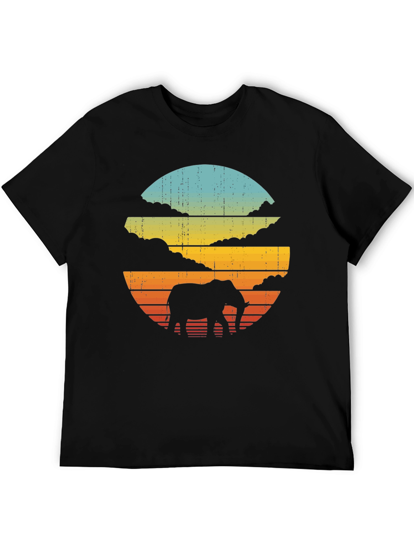 Black Retro Elephant Sunset Black T-Shirt view 5