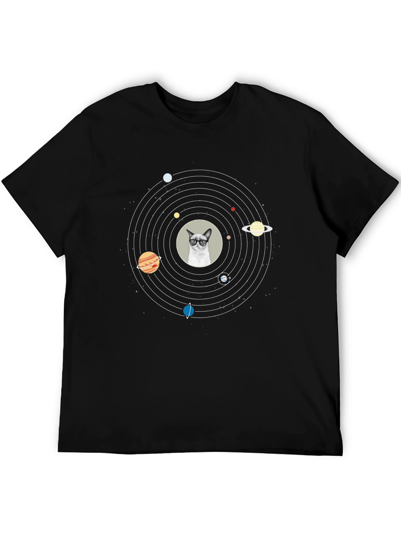 Black Cat Planet T-Shirt - Solar System Funny Tee view 5