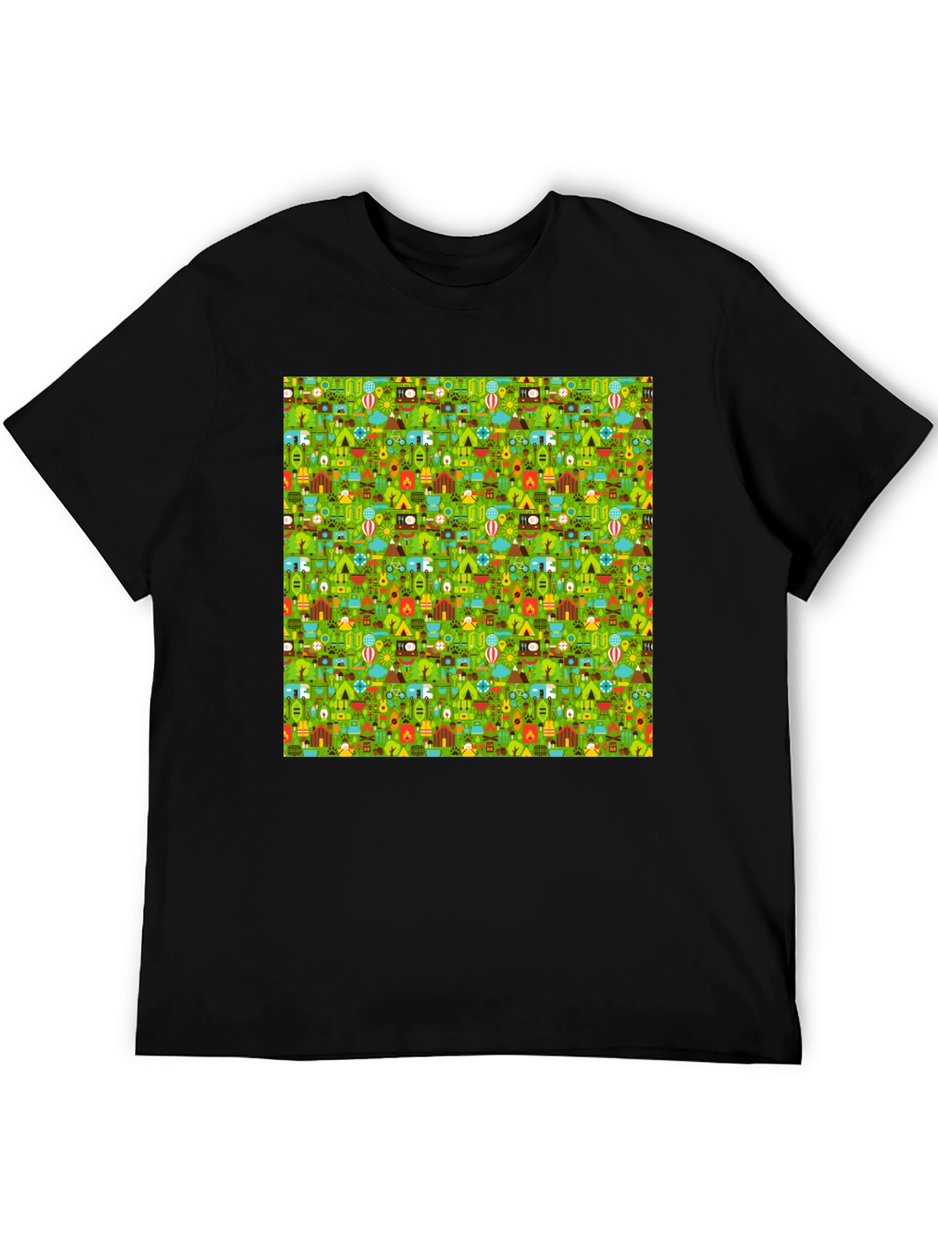 Black Camping Pattern Crew Neck T-Shirt view 5