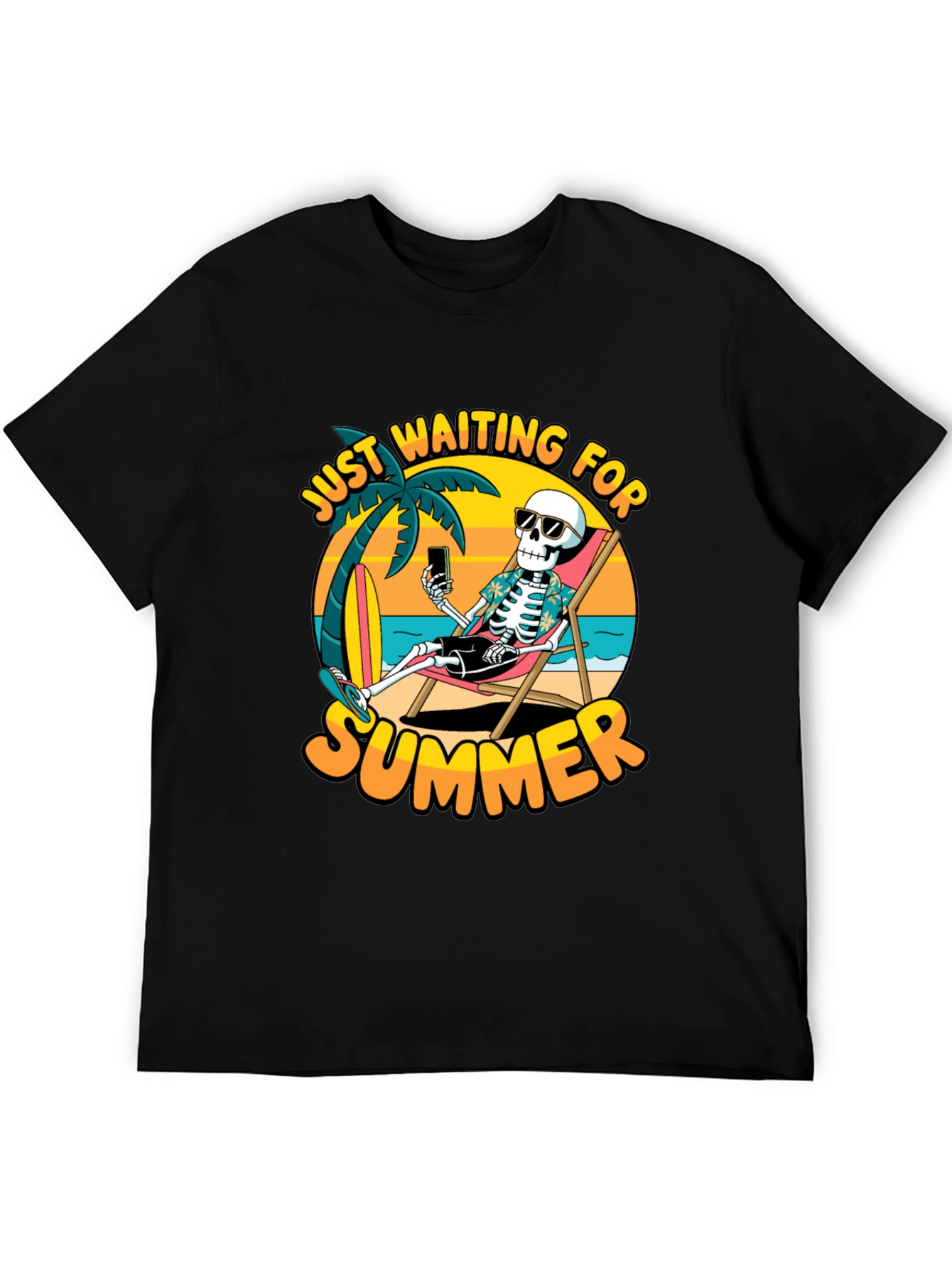 Black Just Waiting For Summer T-Shirt - Skeleton Beach Design view 5