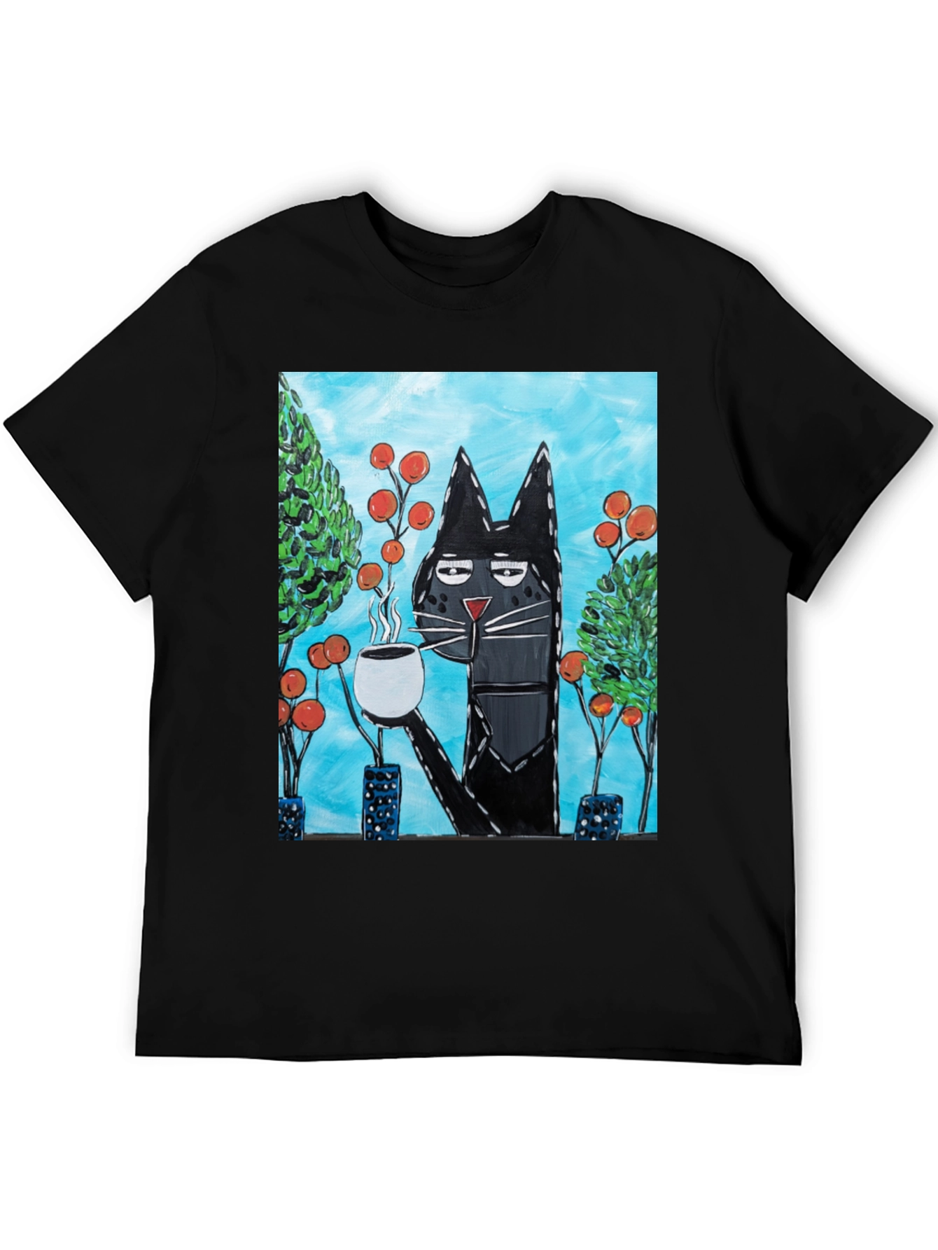 Black Cool Cat Sipping Coffee T-Shirt view 5
