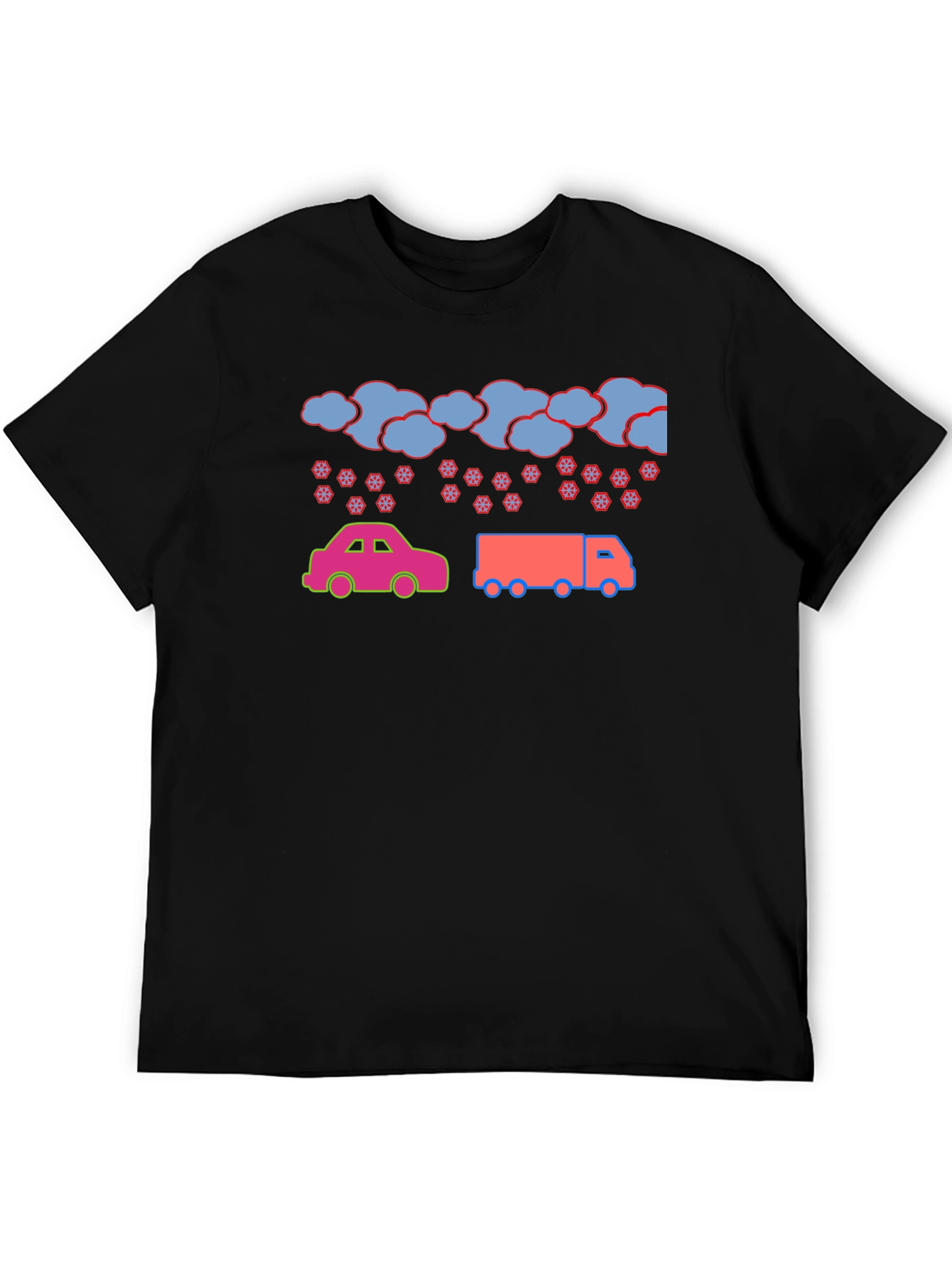 Black Cartoon Car & Truck Snow Day Black T-Shirt view 5