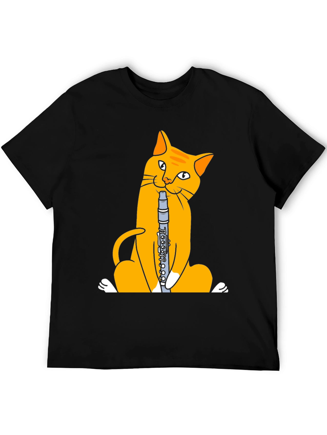 Black Cat Playing Clarinet T-Shirt - Black Cotton Tee view 5