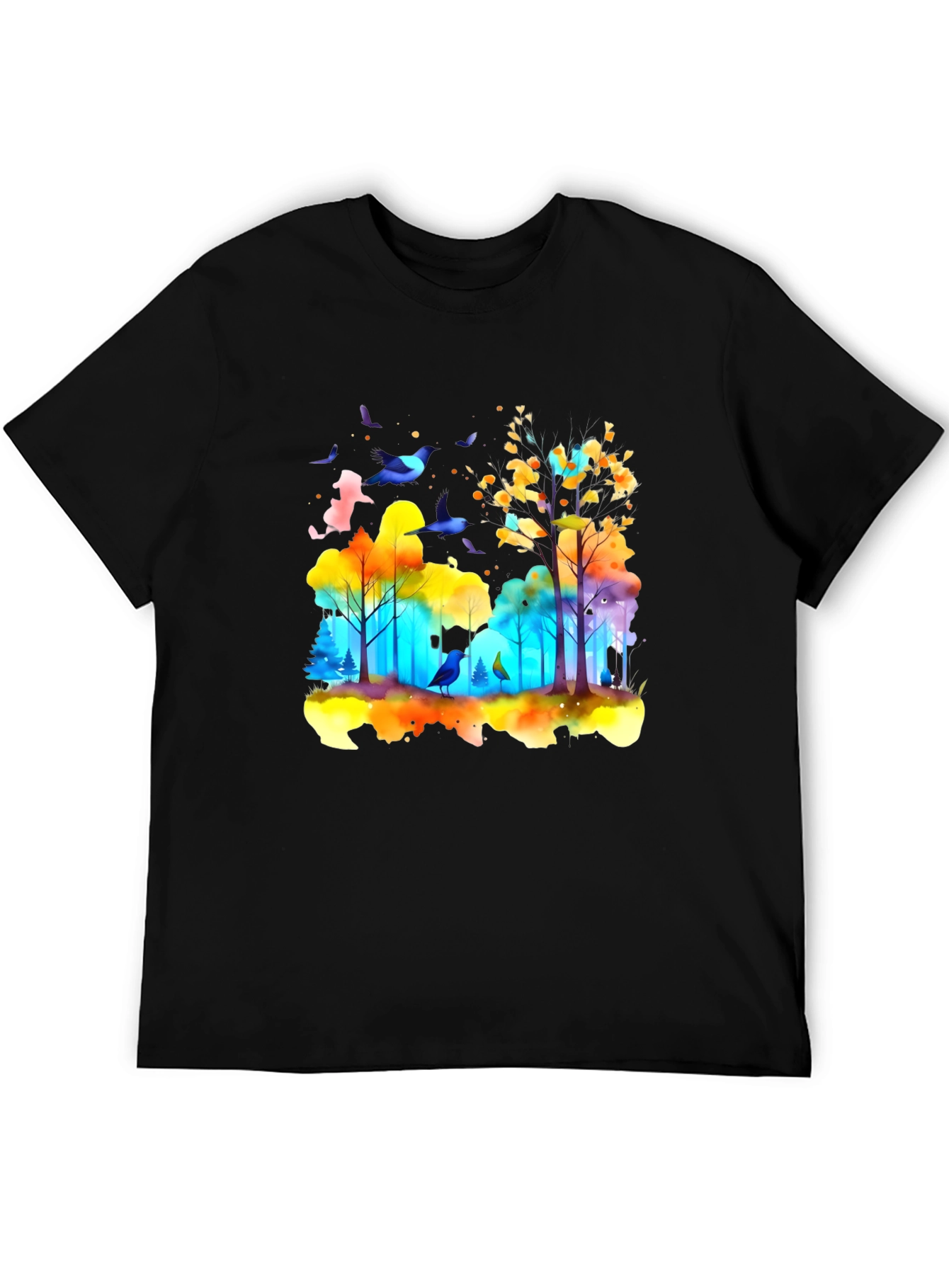 Black Watercolor Forest Birds T-Shirt view 5