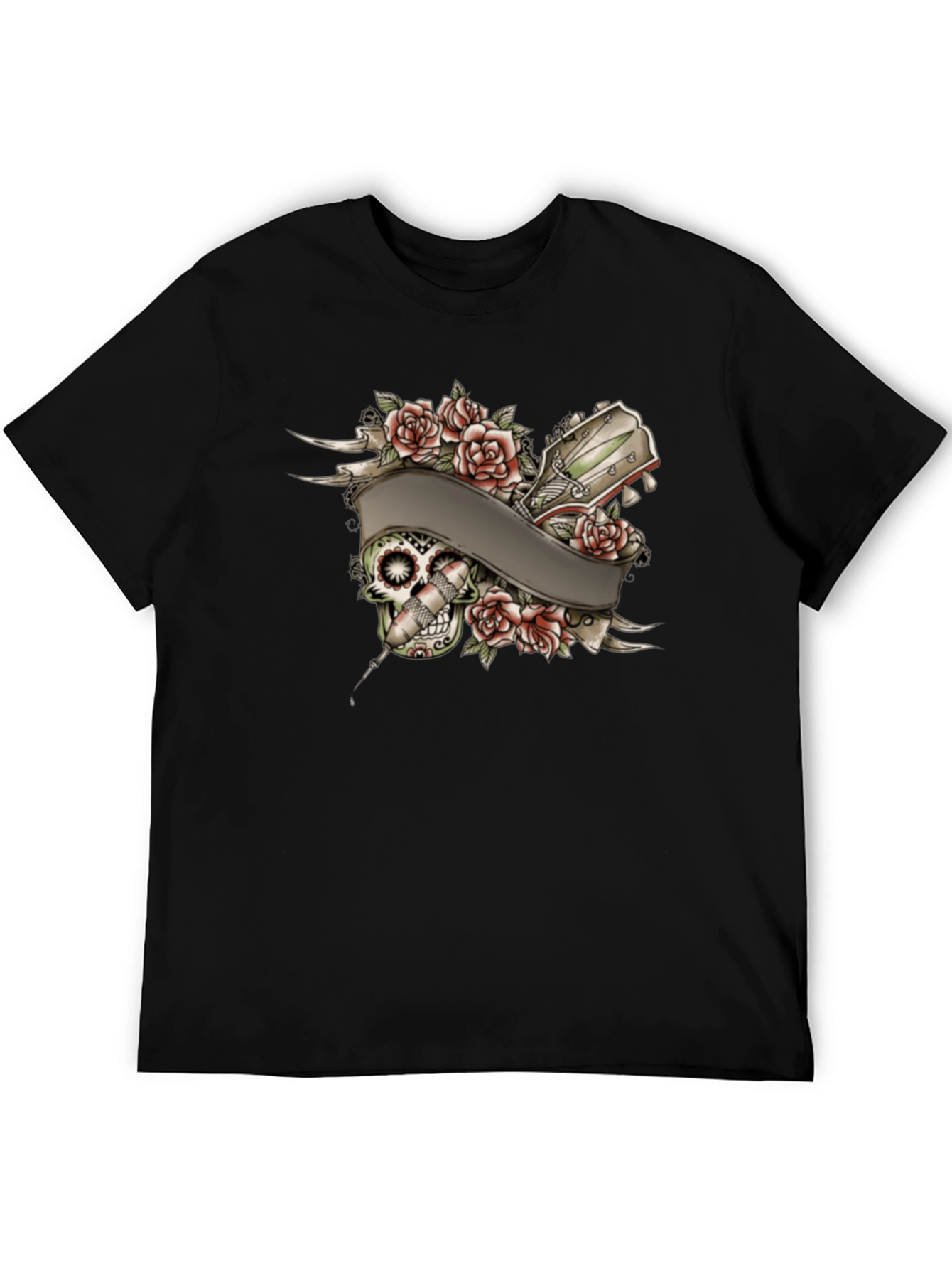Black Skull Roses Tattoo Style Graphic Tee view 5
