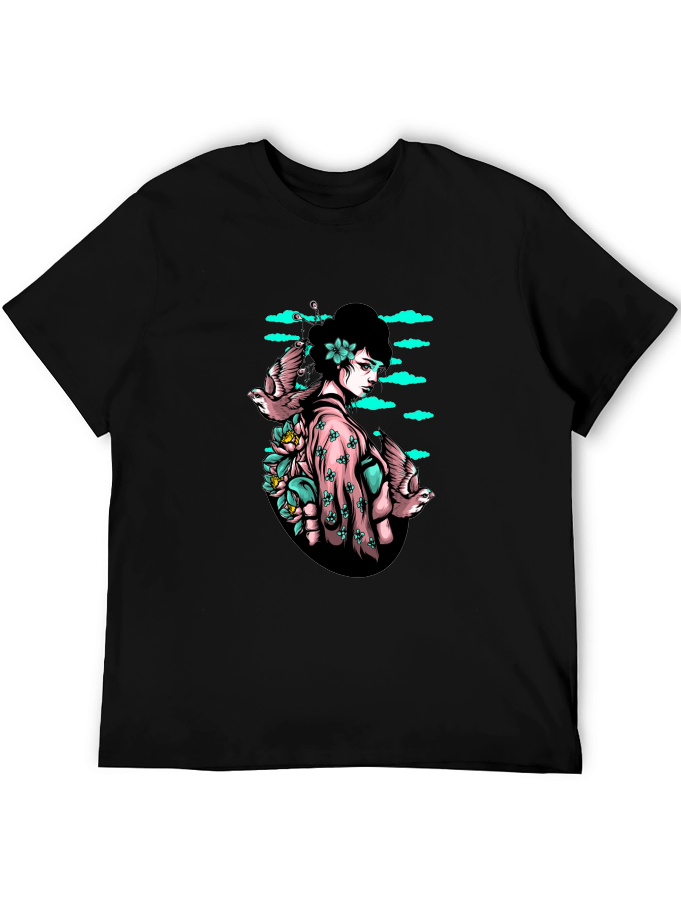 Black Geisha & Birds Graphic Tee - Unique Black T-Shirt view 5