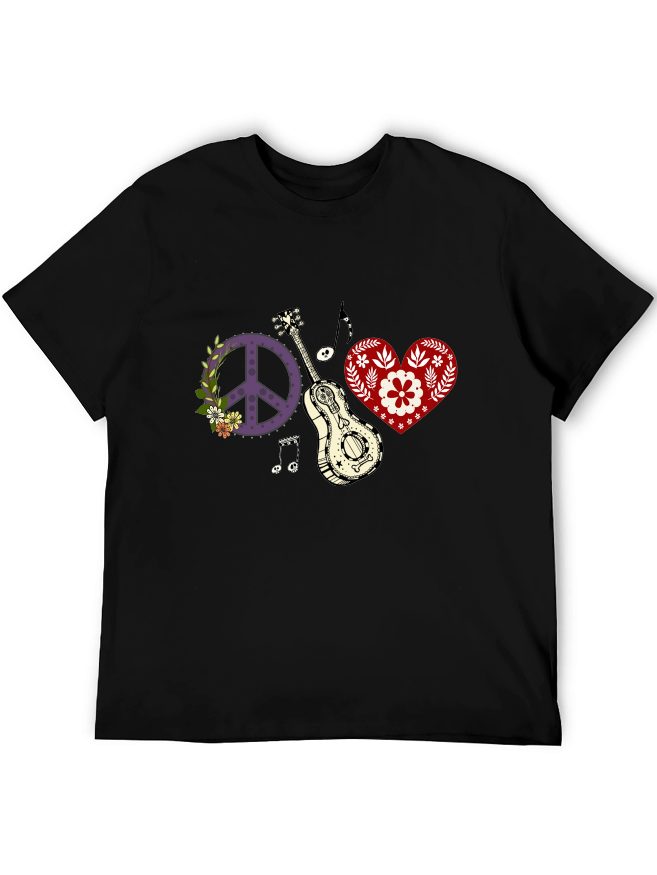Black Peace, Love & Music T-Shirt - Black Cotton Tee view 5