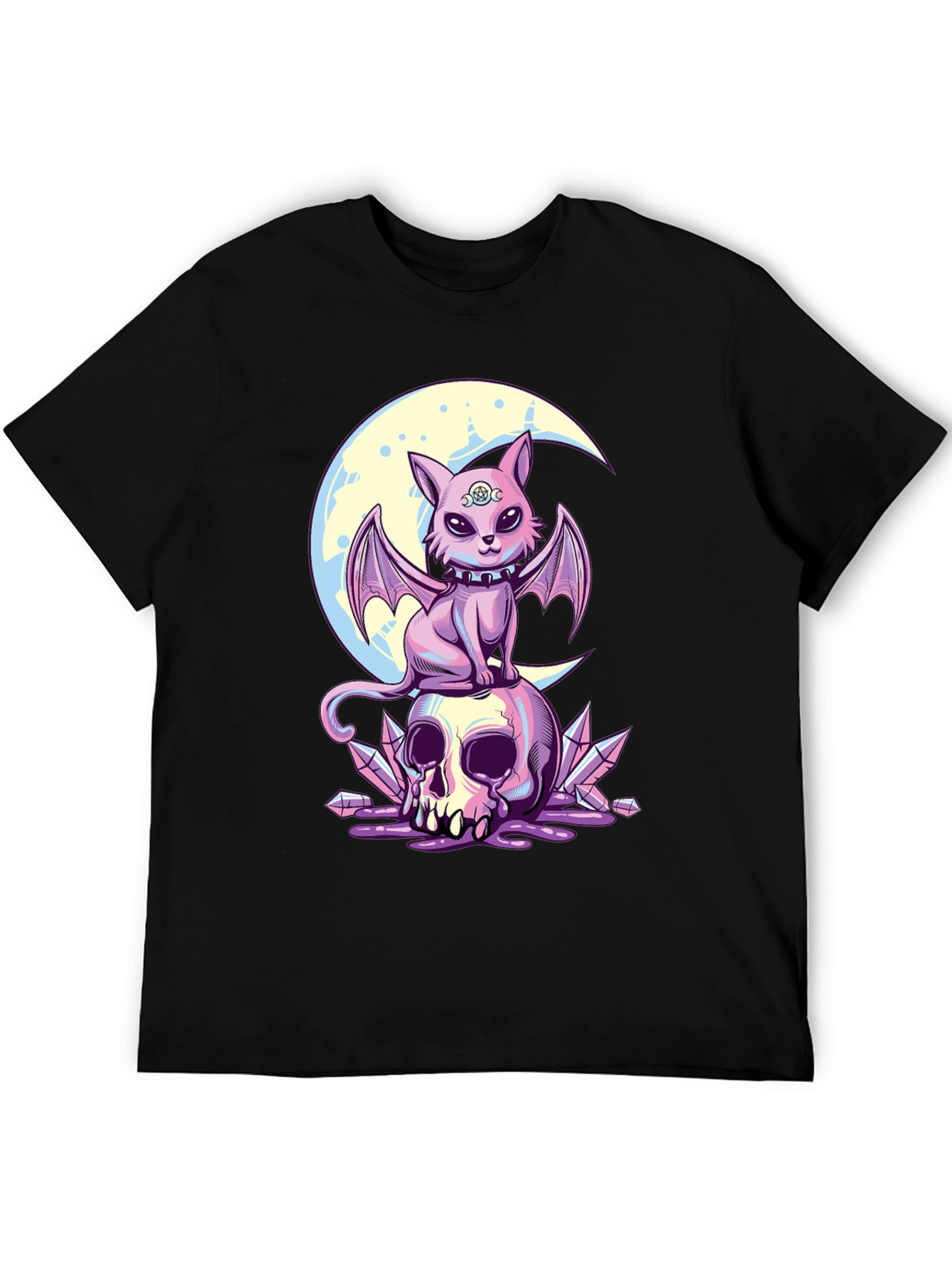 Black Skull Moon Bat Cat Graphic T-Shirt view 5