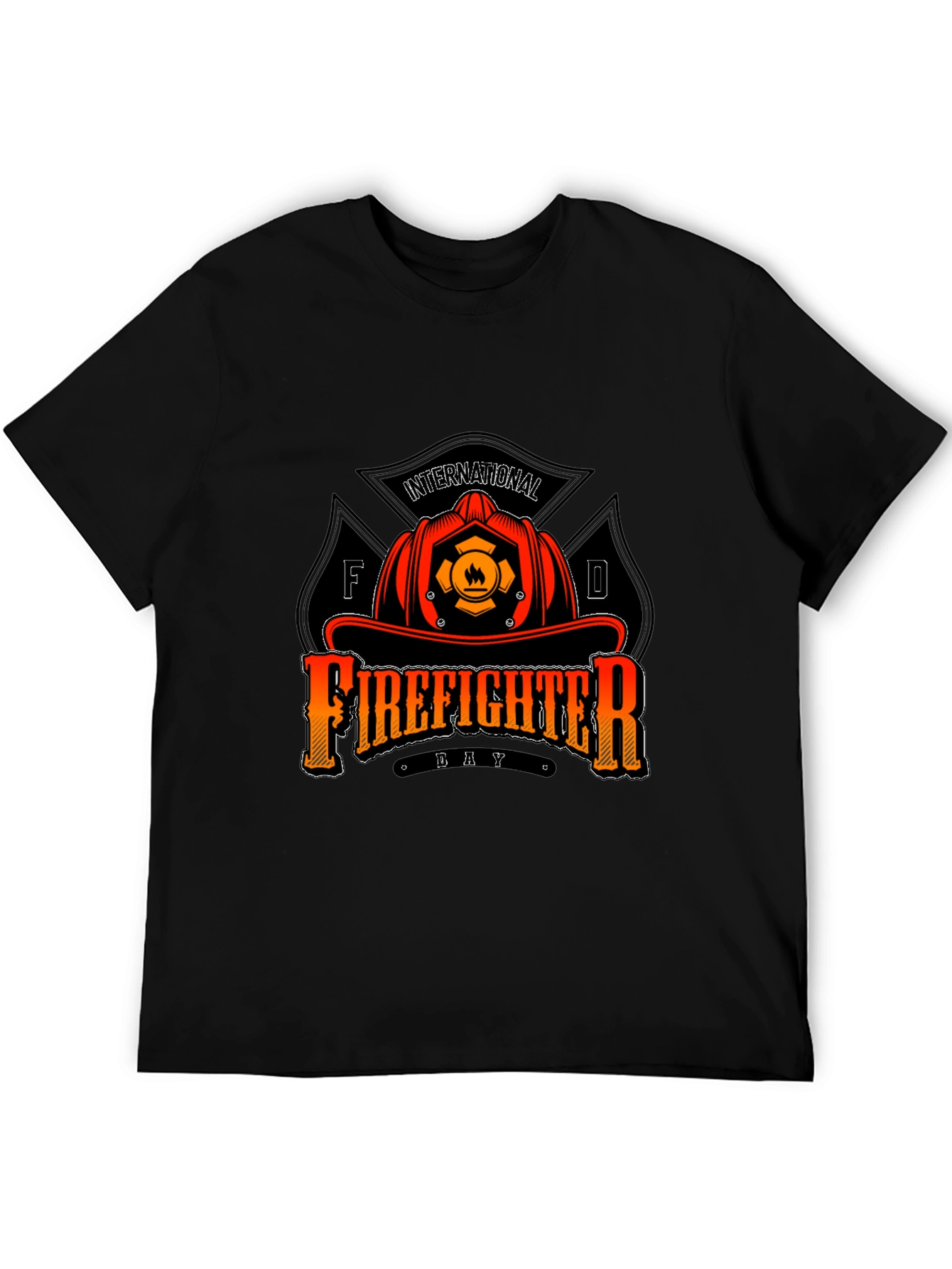 Black Firefighter Day T-Shirt - Black Crew Neck Tee view 5
