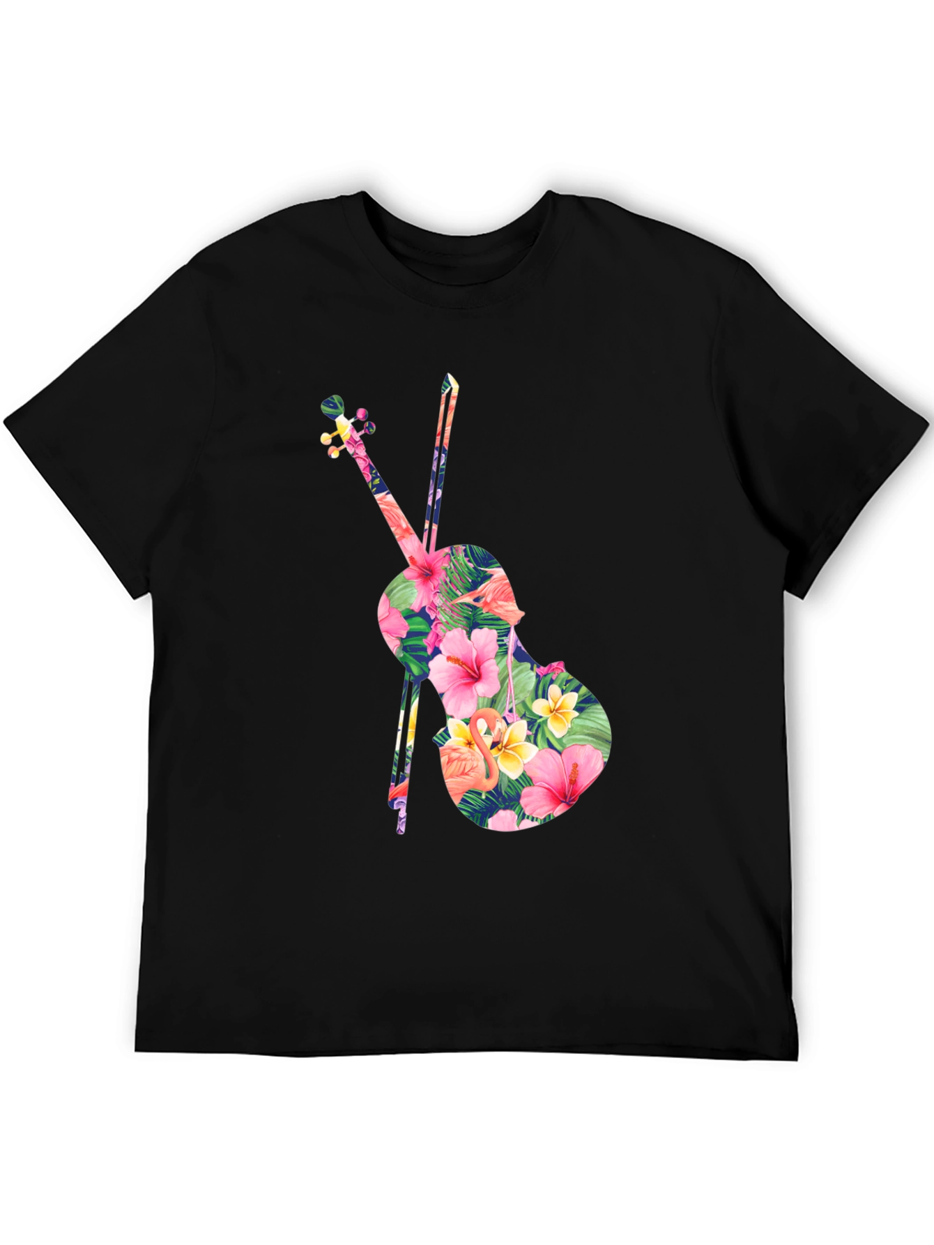 Black Floral Violin Graphic Tee - Tropical Music Lover Shirt view 5