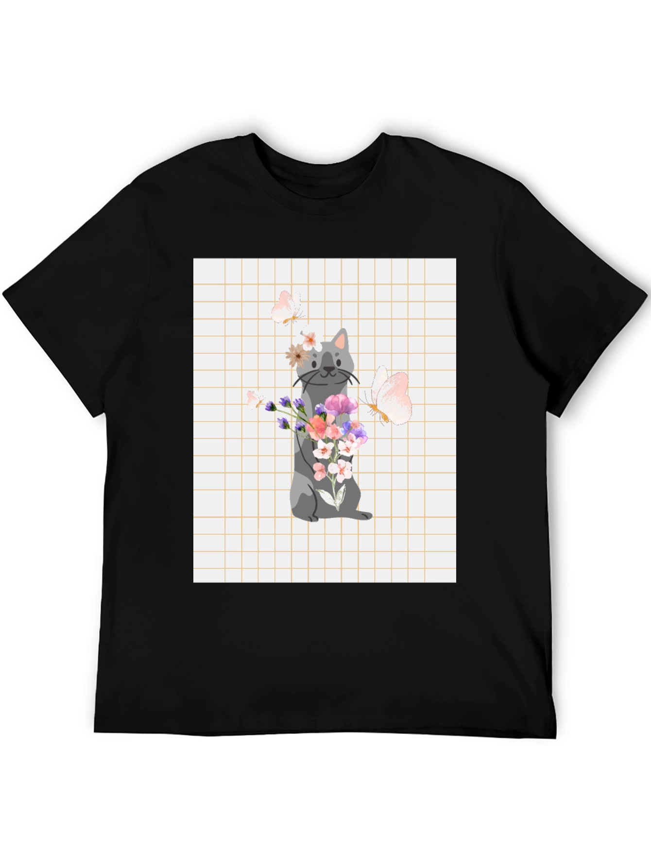 Black Cute Cat with Flowers Graphic T-Shirt view 5